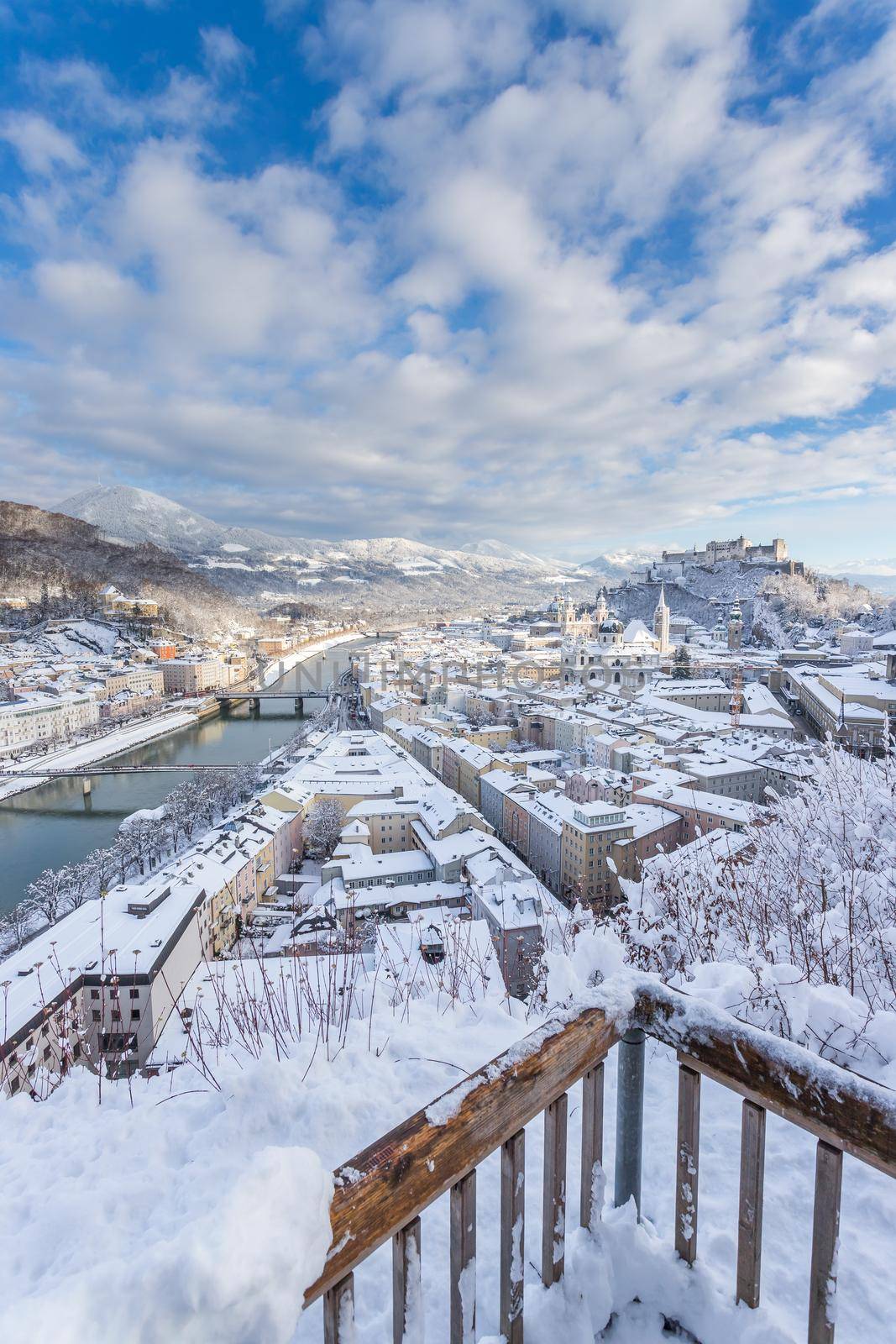 Viewpoint, Salzburg in winter: Snowy historical center, sunshine by Daxenbichler