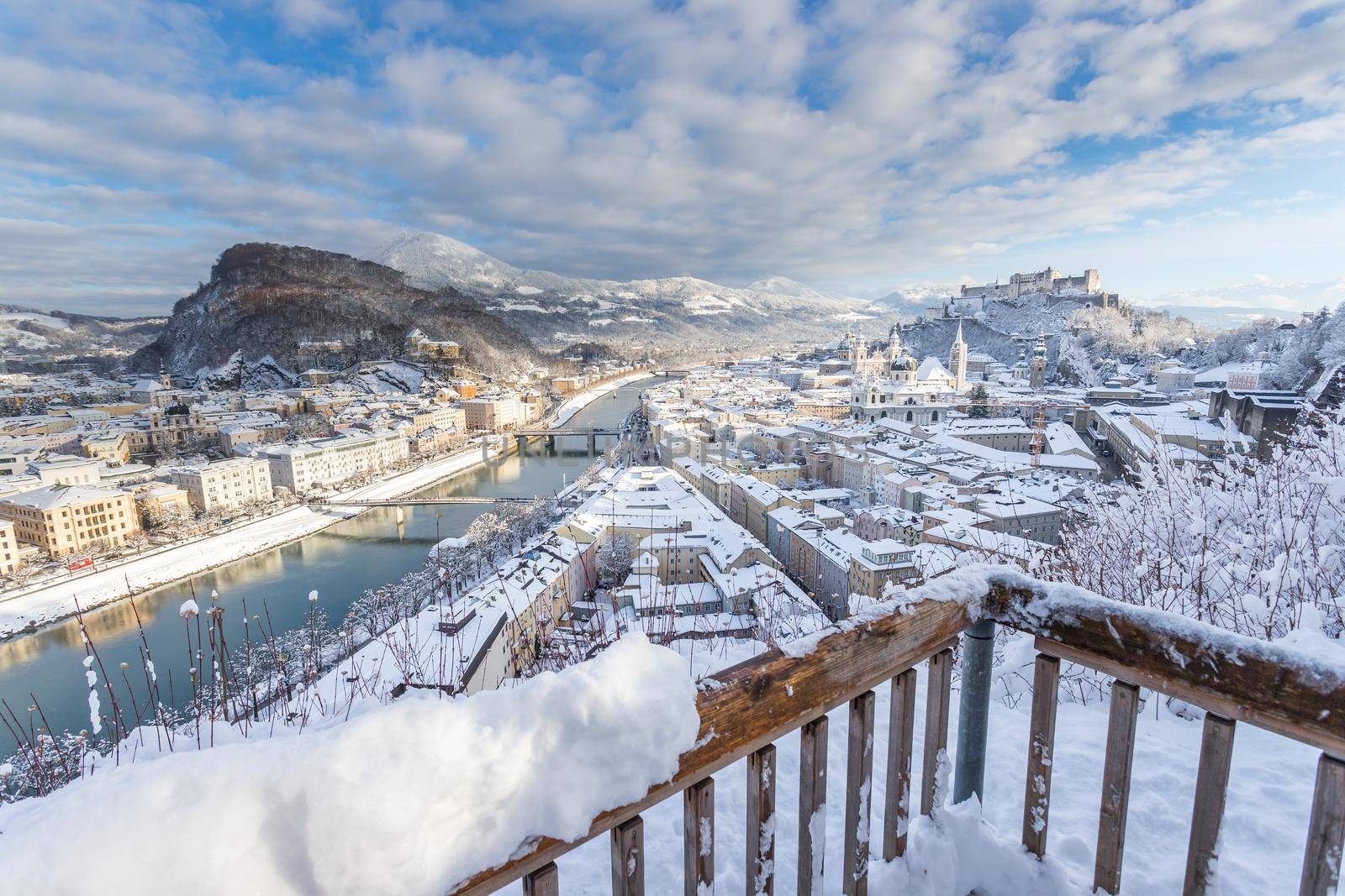 Viewpoint, Salzburg in winter: Snowy historical center, sunshine