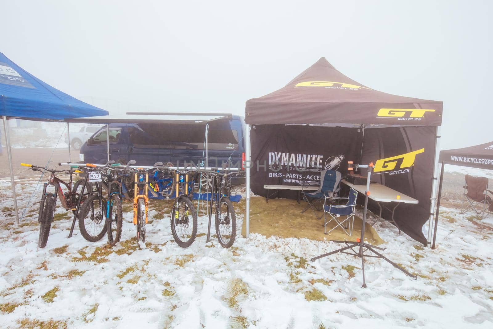 Mt Buller, Australia - January 16 2021: Practice round for the Victorian Downhill Mountain Bike Series after a summer snow storm