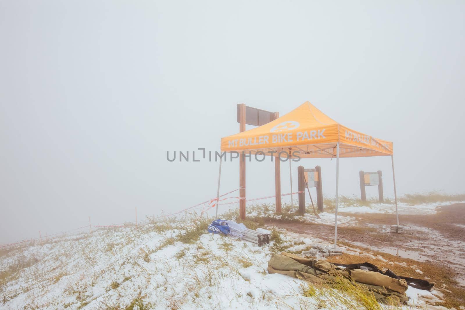 Mt Buller, Australia - January 16 2021: Practice round for the Victorian Downhill Mountain Bike Series after a summer snow storm