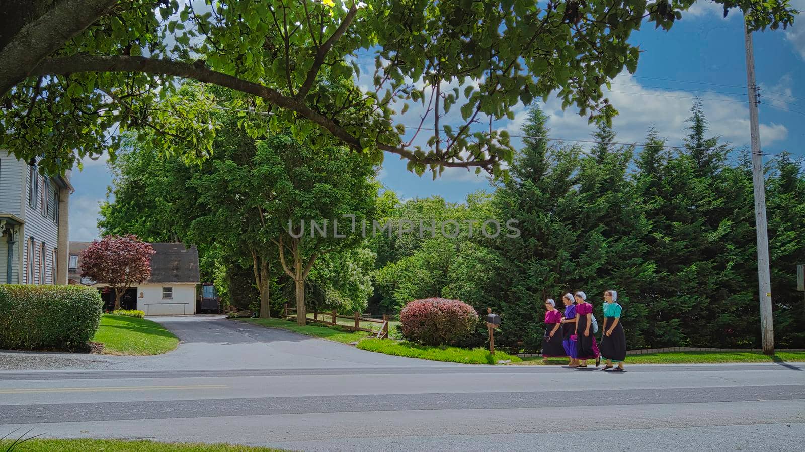 Gordonville, Pennsylvania, June 2020 - Four Amish Girl Teenagers Walking Along a Countryside Road on a Summer Day