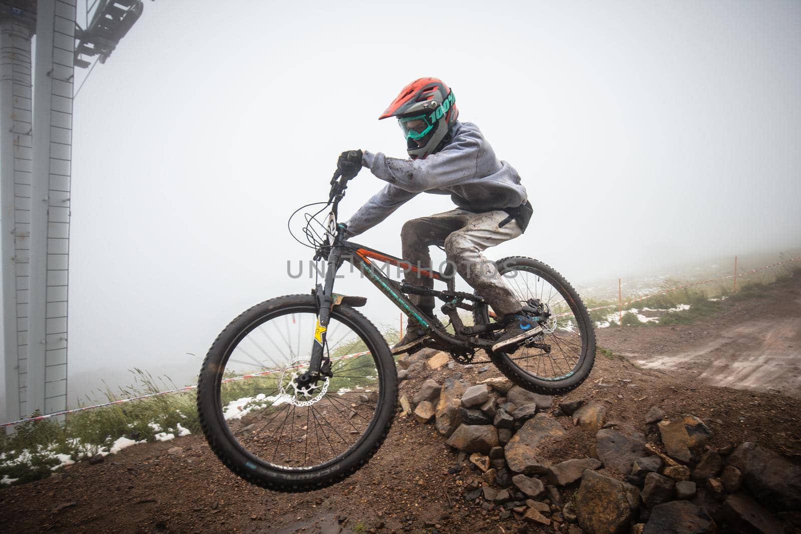 Mt Buller, Australia - January 16 2021: Practice round for the Victorian Downhill Mountain Bike Series after a summer snow storm