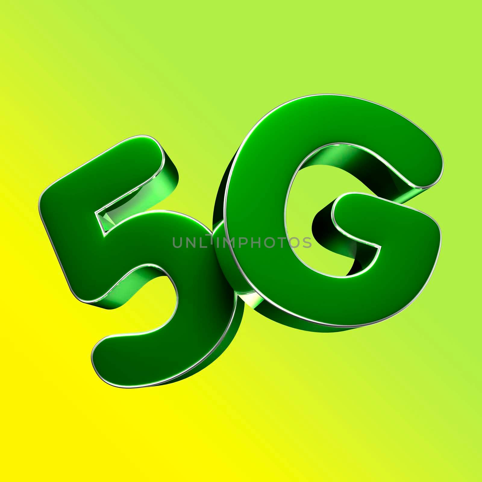 3D illustration 5G green isolated on a yellow green background with clipping path.