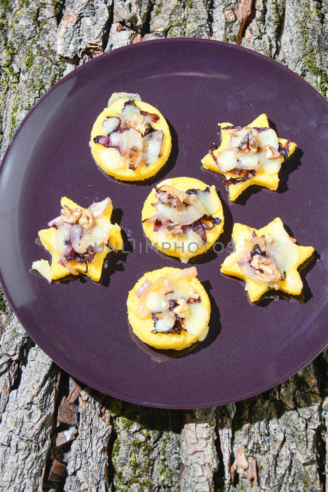 finger food and original appetizer of Italian fine cuisine polenta, radicchio and provolina