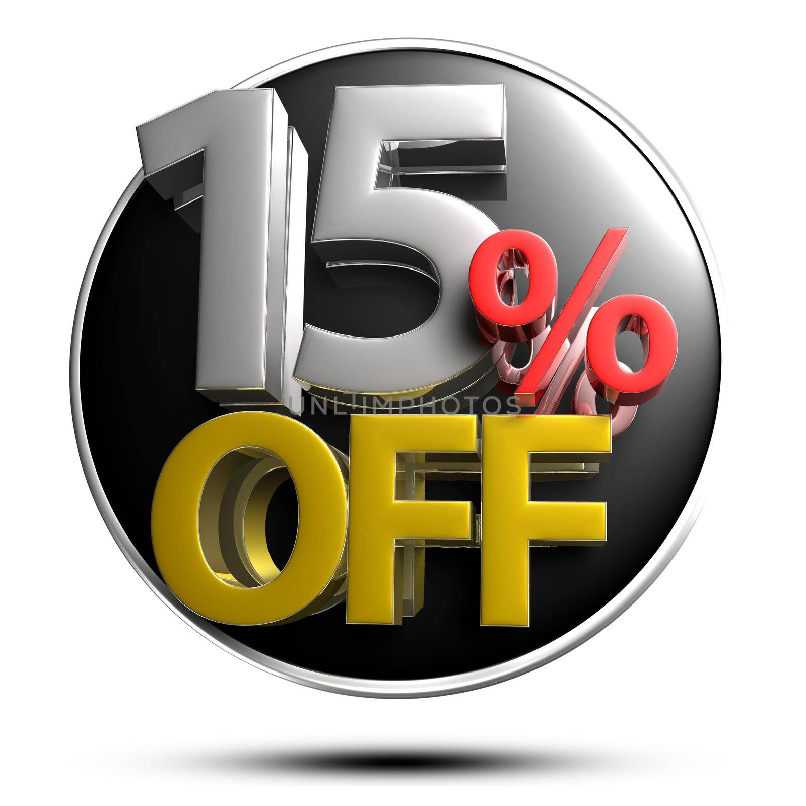 15% OFF on white background illustration 3D rendering with clipping path.