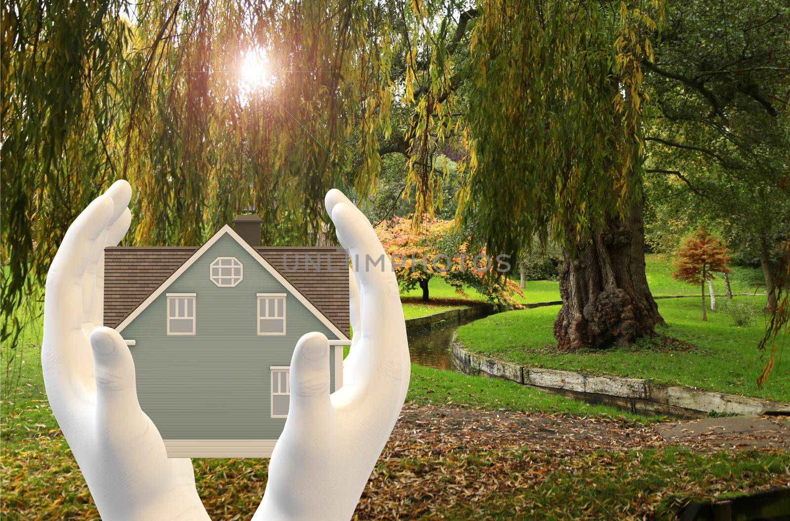 House in hands in sun lights rays on landscape background. Property protection, cost saiving concept. 3D illustration