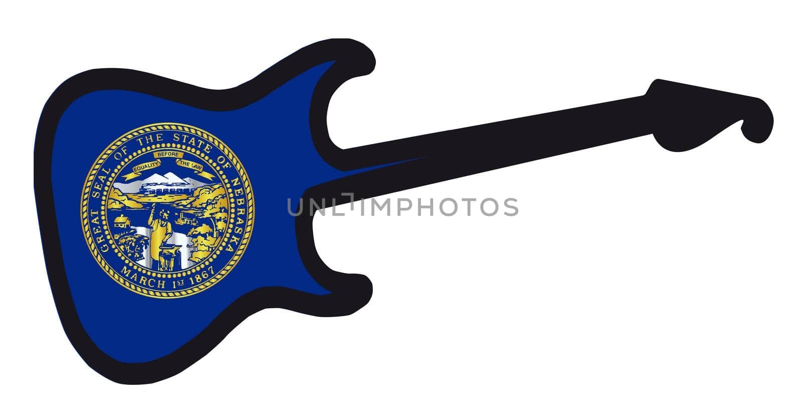 An original solid body electric guitar isolated over white with the Nebraska state flag