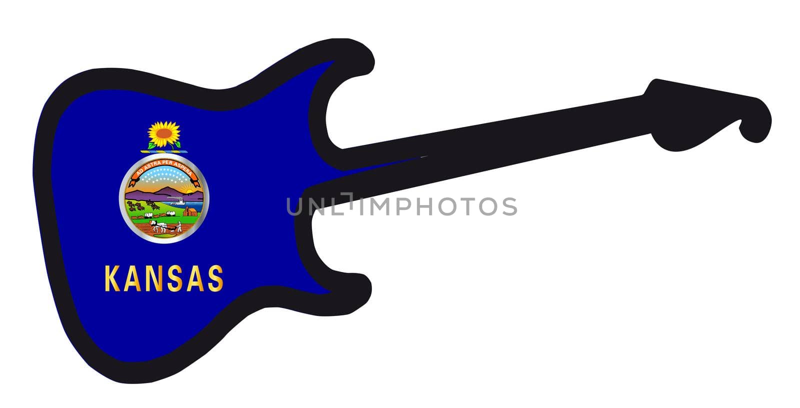 An original solid body electric guitar isolated over white with the Kansas state flag