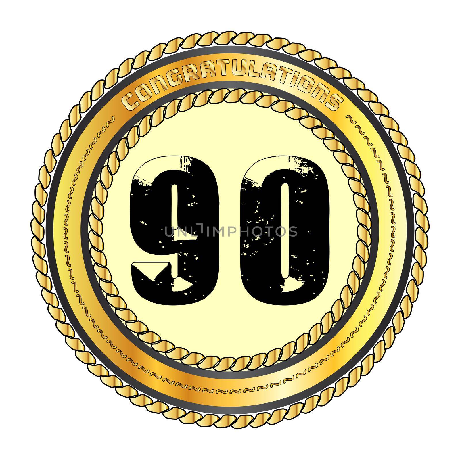 A golden 90 metal rope circular border over a white background