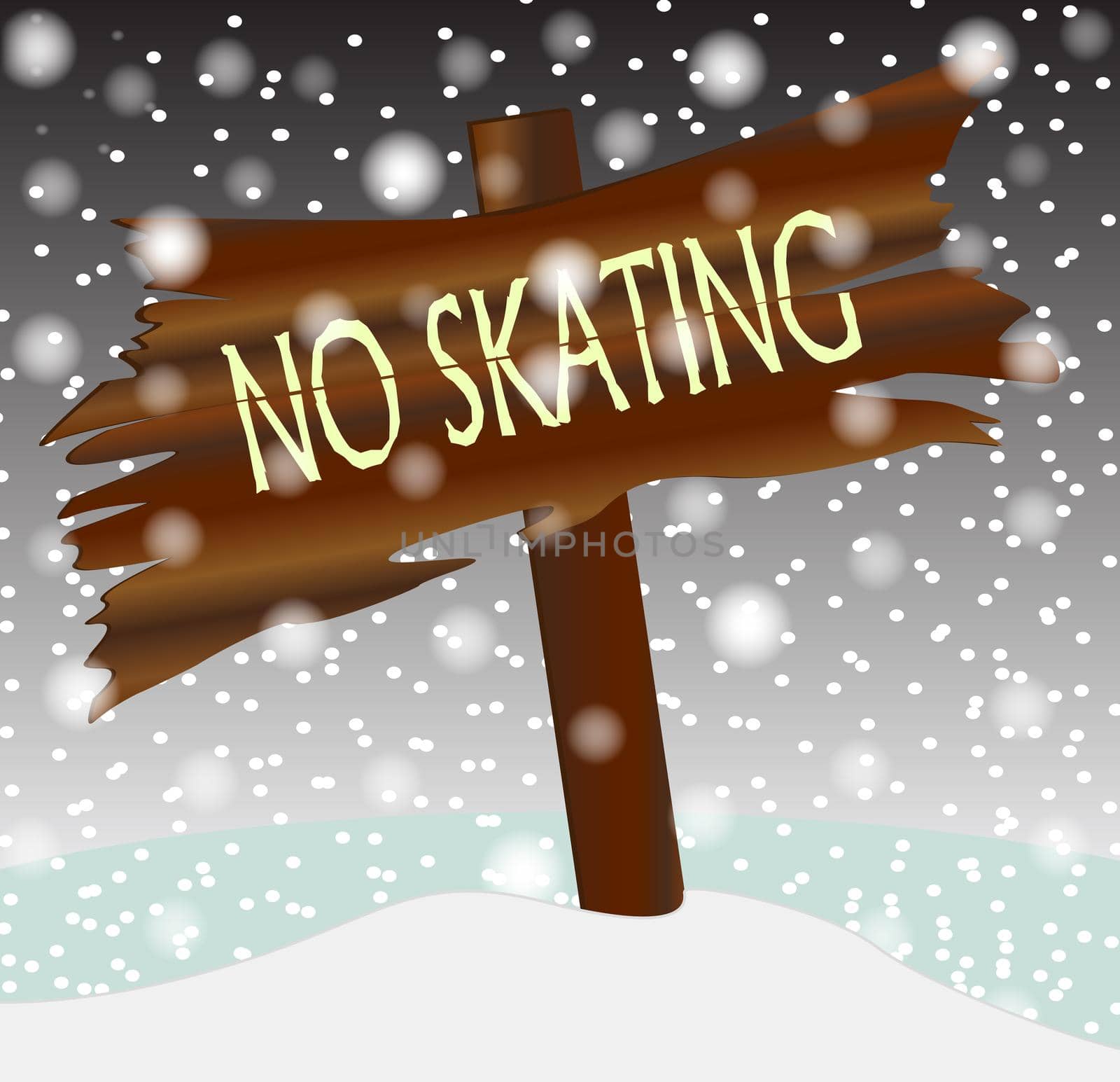 A woosen sign with the text No Skating in a winter snowstorm
