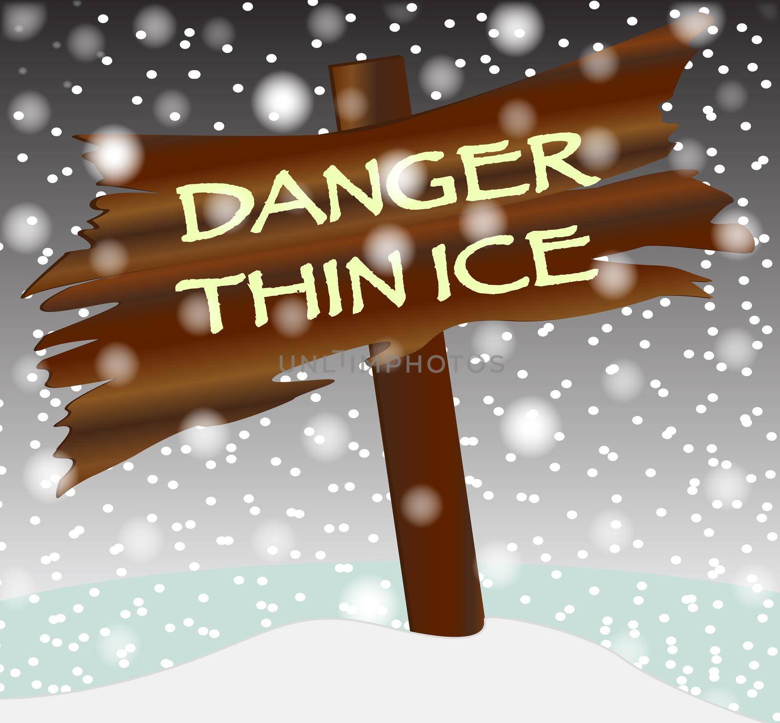 A wooden sign with the text Danger Thin Ice in a winter snowstorm