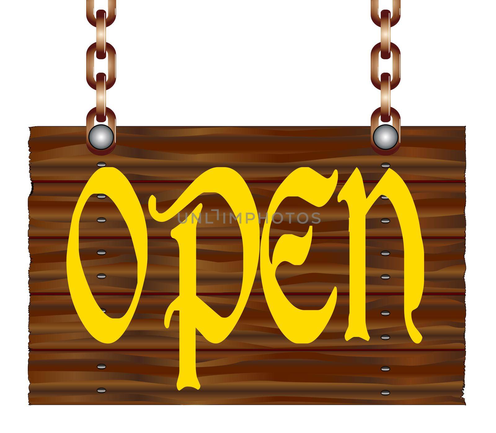 A hanging wooden open sign isolated against a white background.