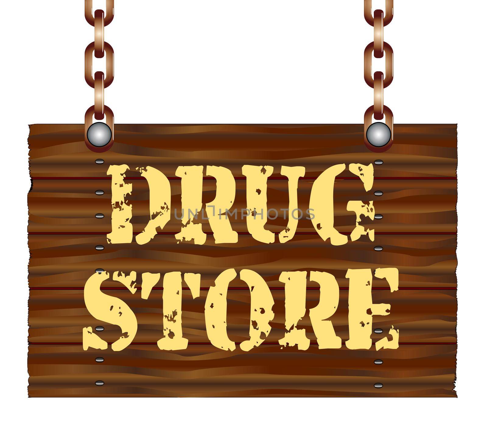 A hanging wooden drug store sign isolated against a white background.