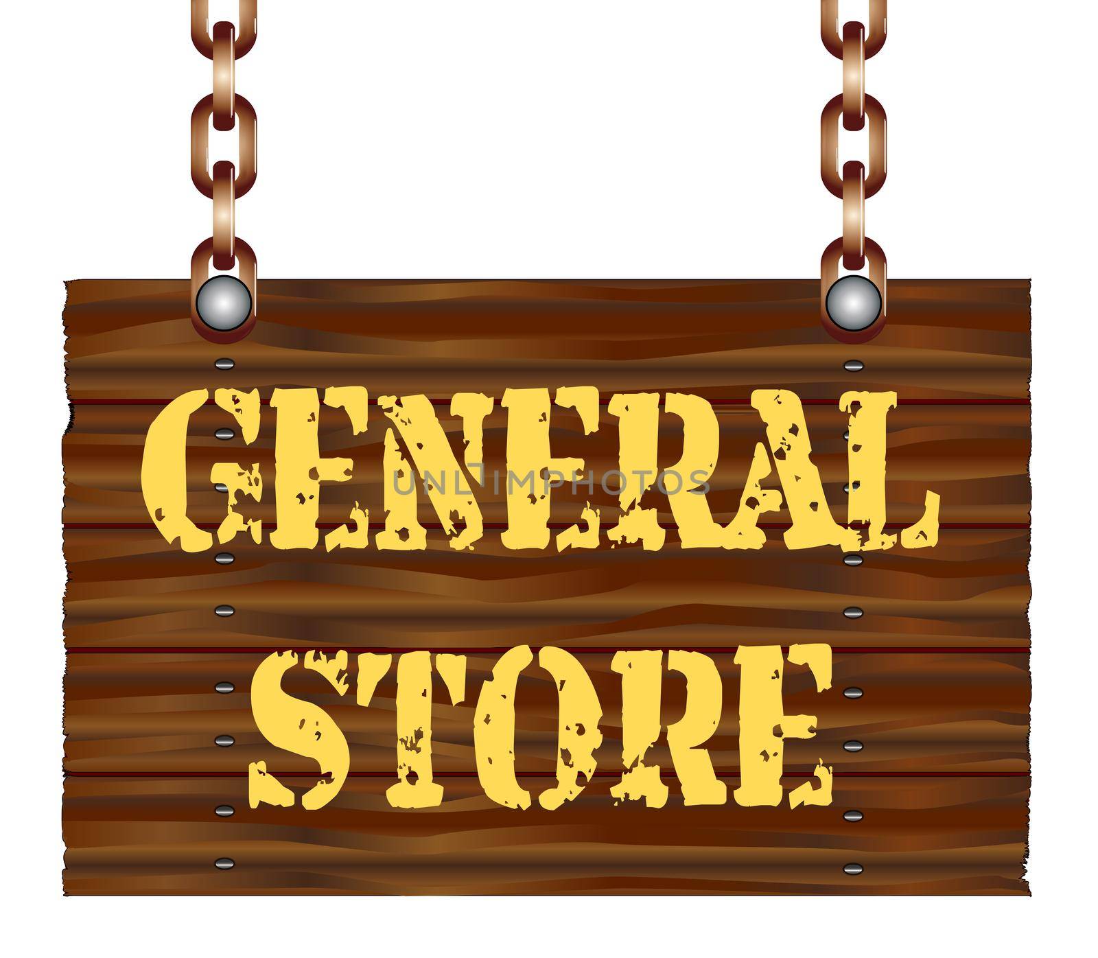 A hanging wooden general store sign isolated against a white background.