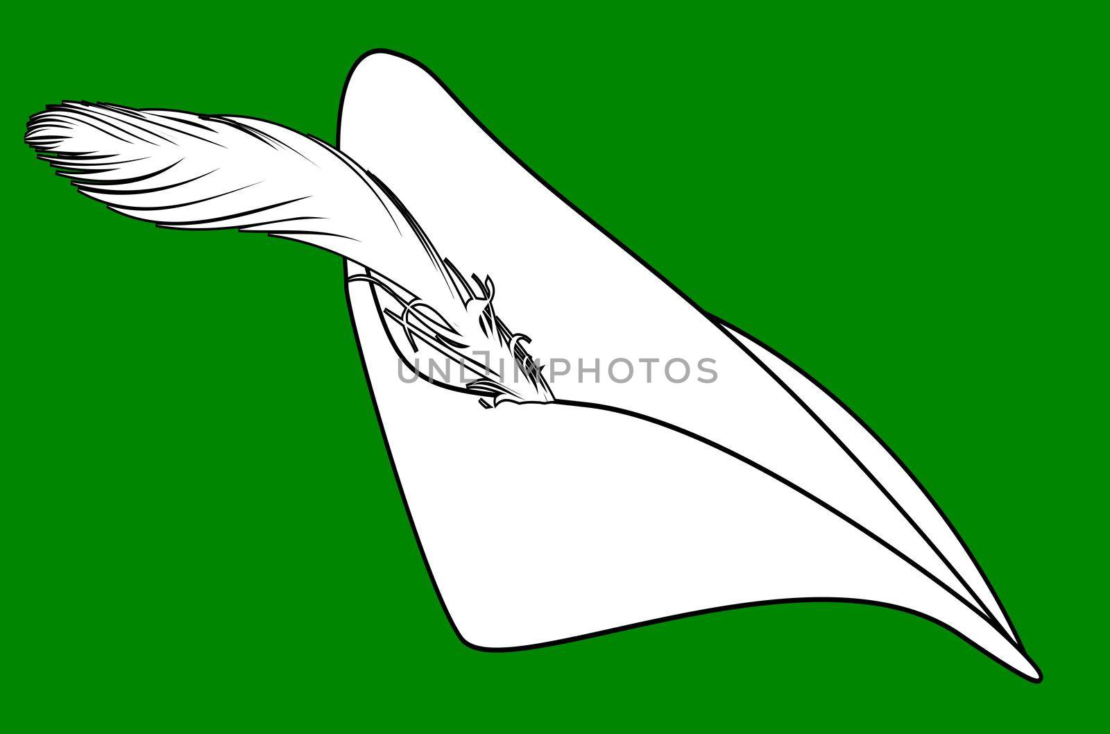 The type of cap worn by Robin Hood i black line drawing over a green background