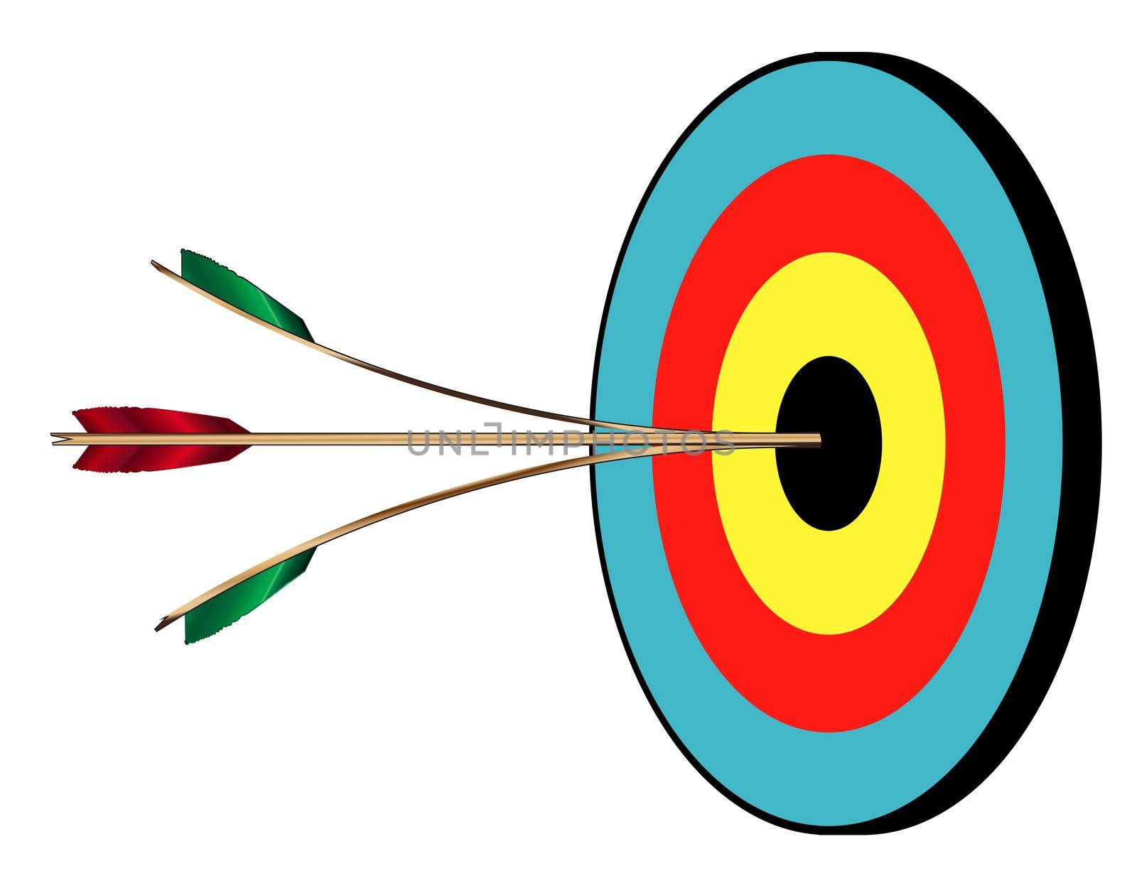 The target for a bow and arrow with two perfect bulls and a splitting arrow