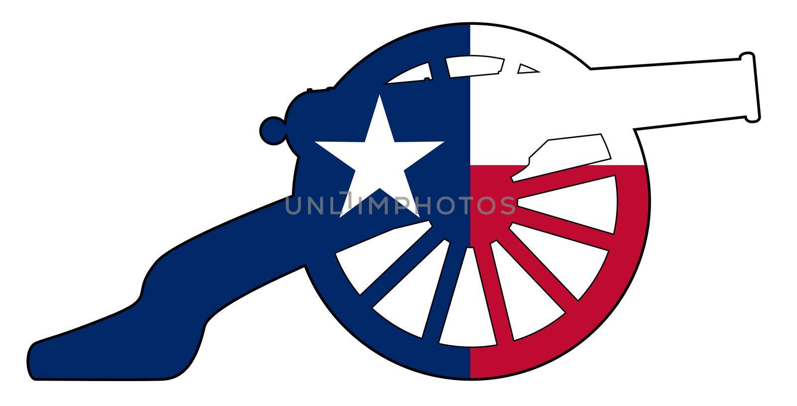 Typical American civil war cannon gun with Texas flag isolated on a white background