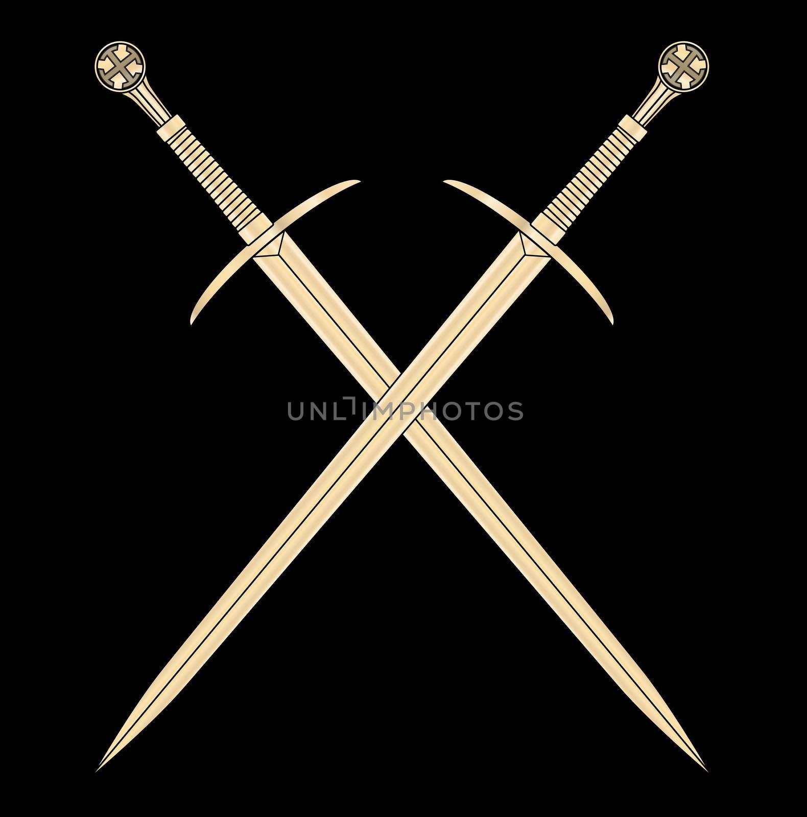 A pair of wooden Templar broadswords crossed with motif isolated on a white background