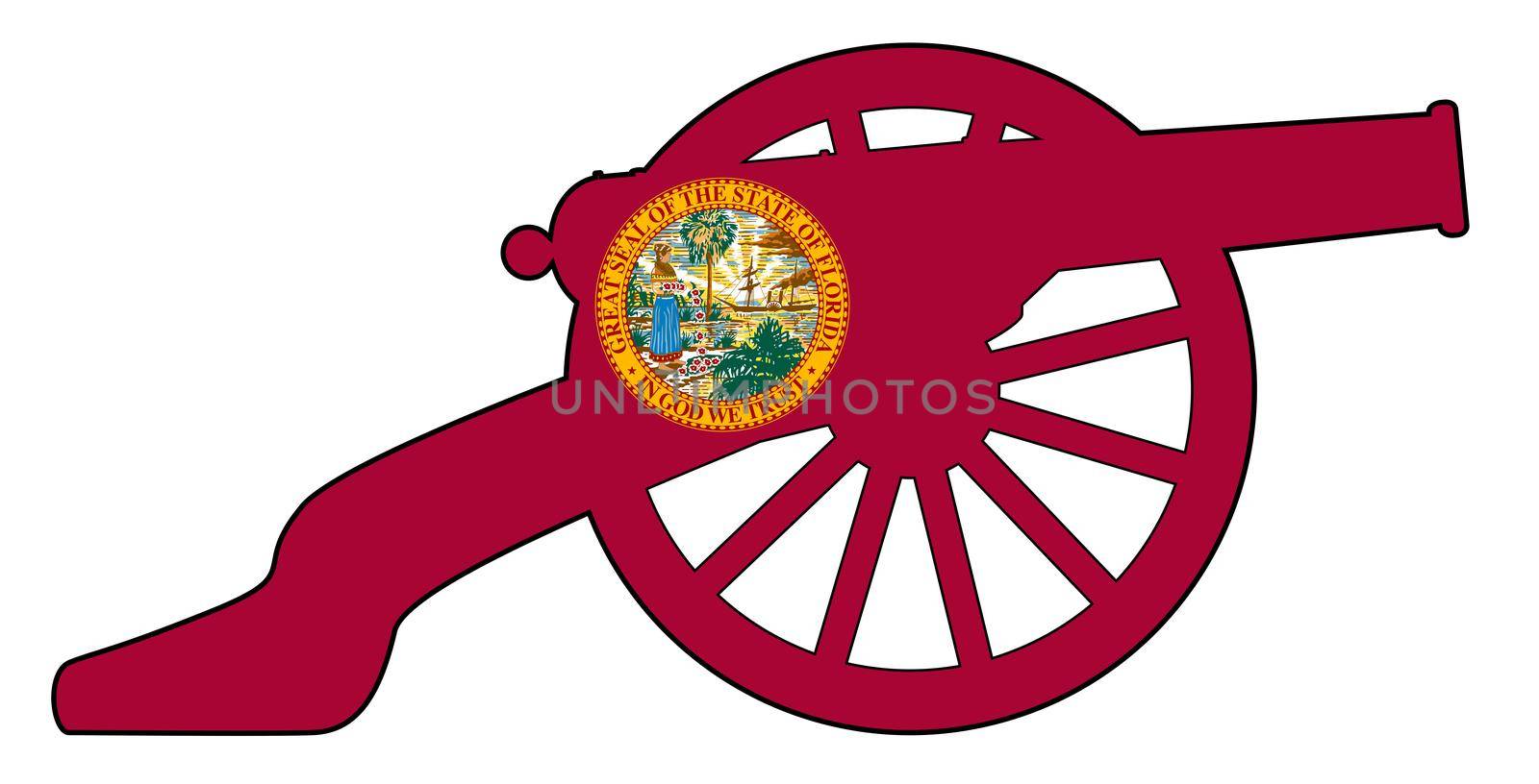 Typical American civil war cannon gun with Florida state flag icon isolated on a white background