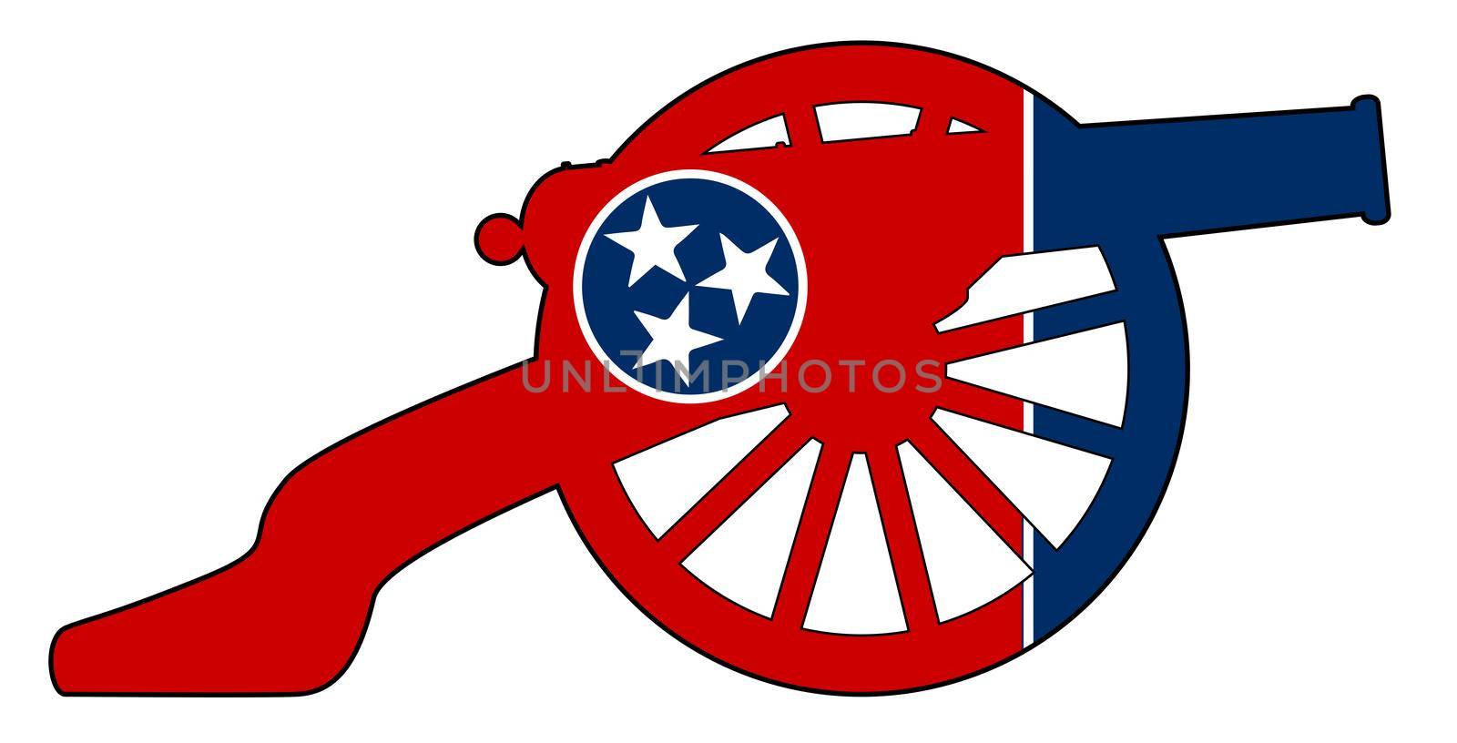 Typical American civil war cannon gun with Tennessee state flag isolated on a white background