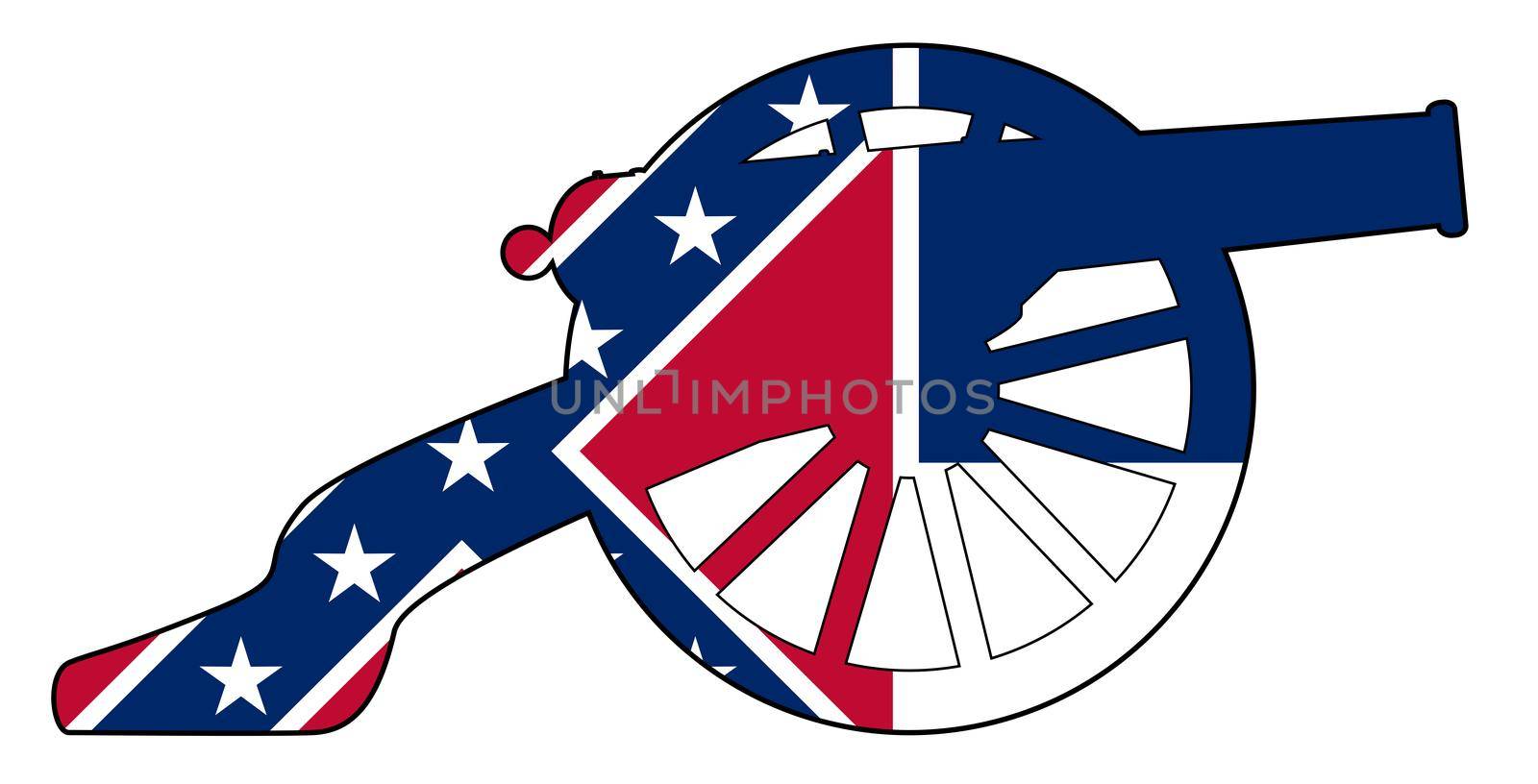 Typical American civil war cannon gun with Mississippi state flag isolated on a white background