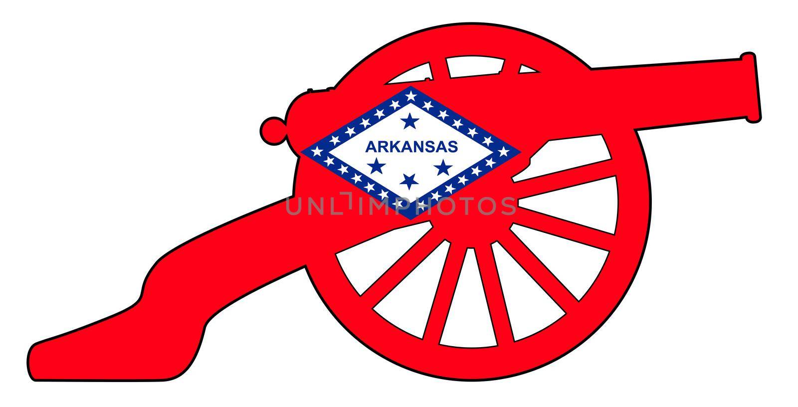 Typical American civil war cannon gun with Arkansas state flag isolated on a white background