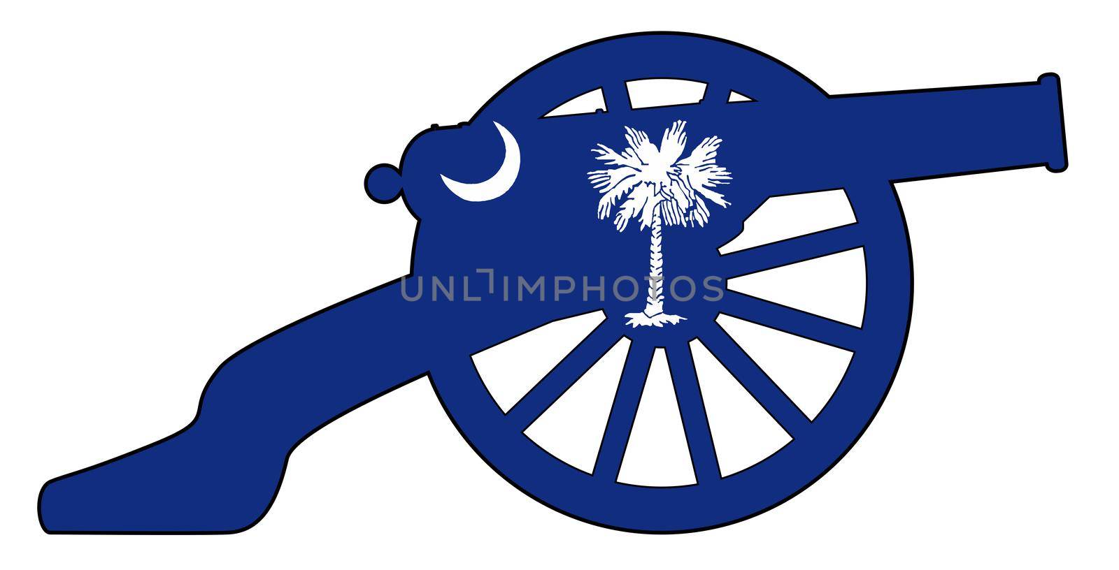 Typical American civil war cannon gun with South Carolina flag isolated on a white background