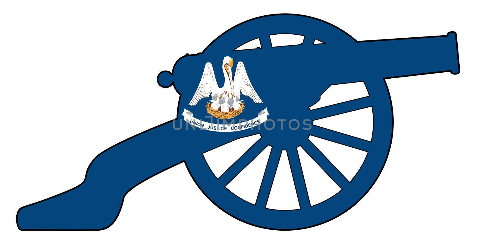 Typical American civil war cannon gun with Louisiana state flag isolated on a white background