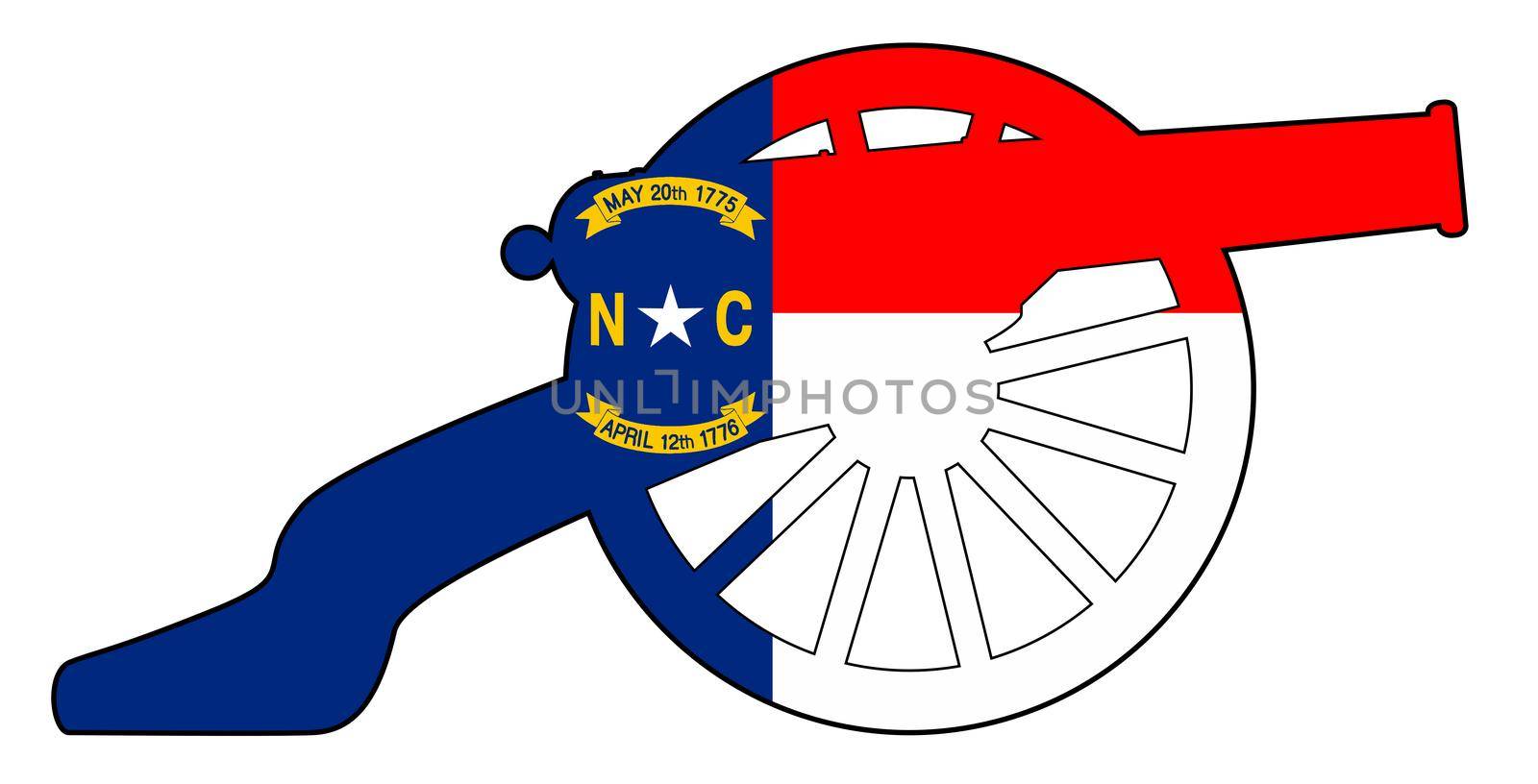 Typical American civil war cannon gun with North Carolina state flag isolated on a white background