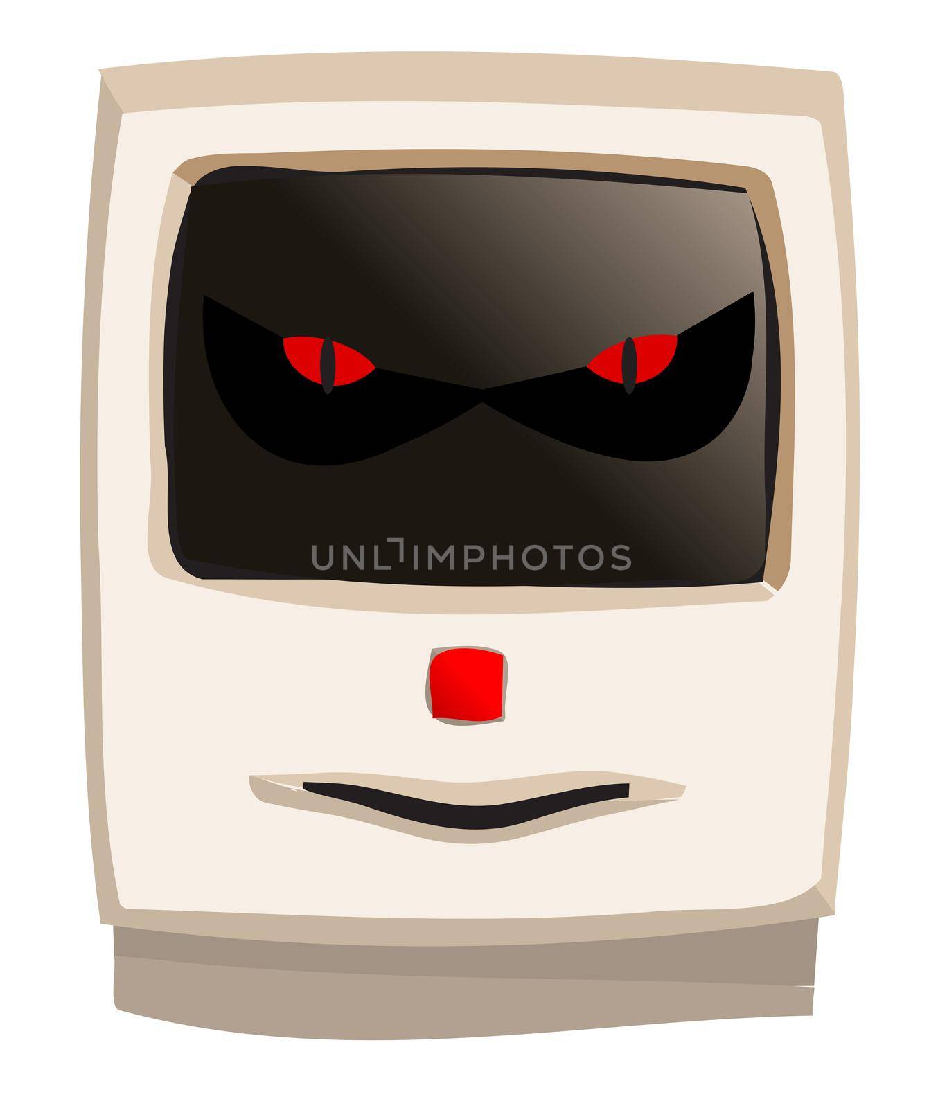 Early years desk top beige computer with evil grin on a white background