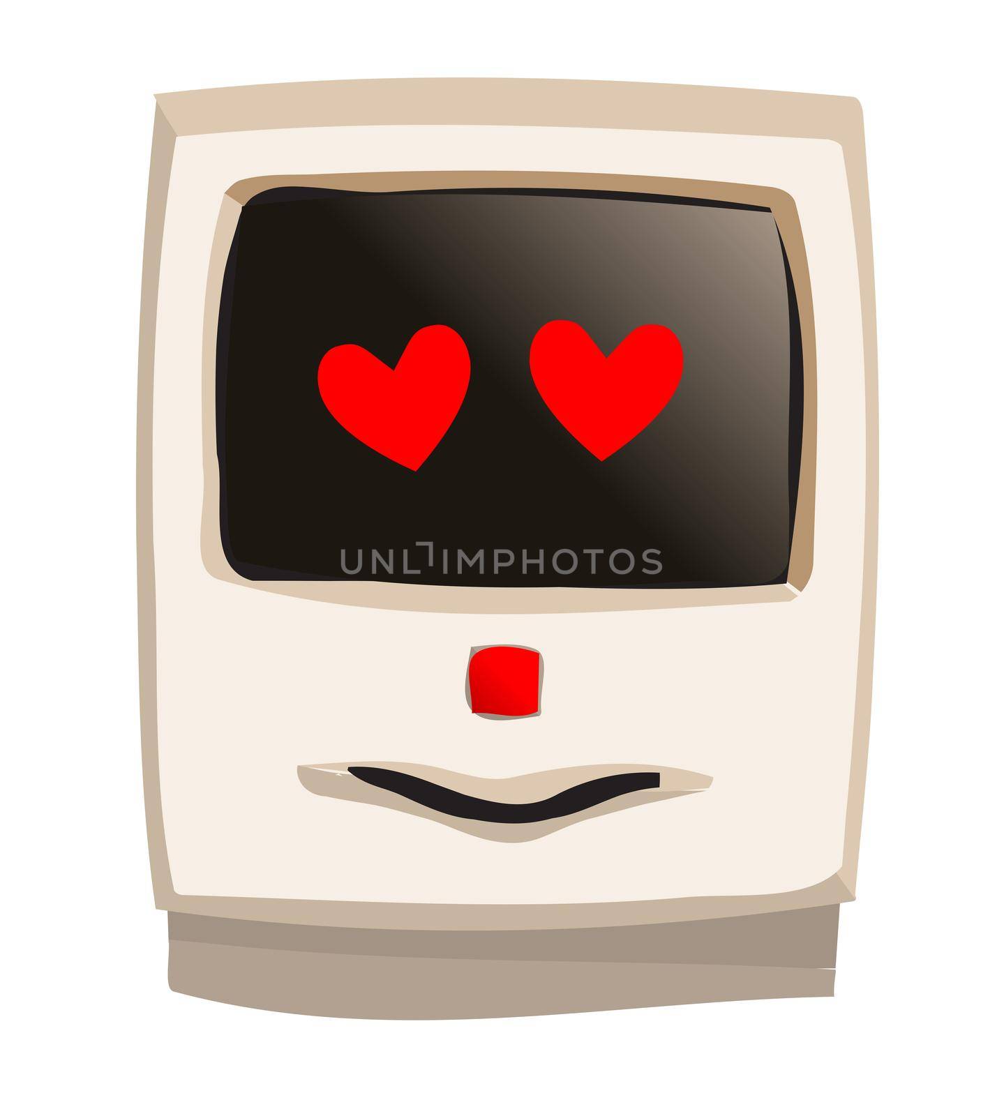 Early years desk top beige computer with love heart face on a white background