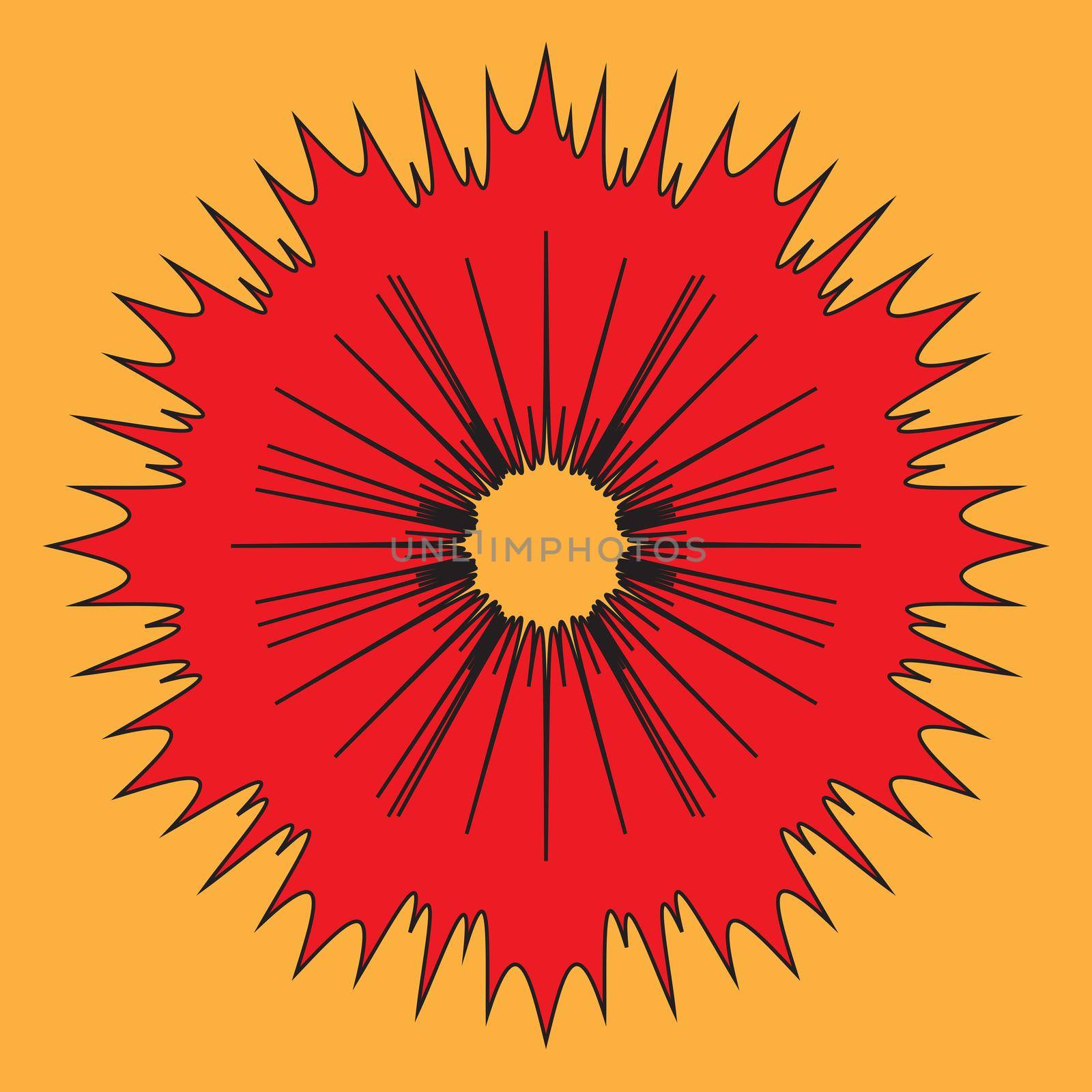 A bright red explosive type splash on an orange background