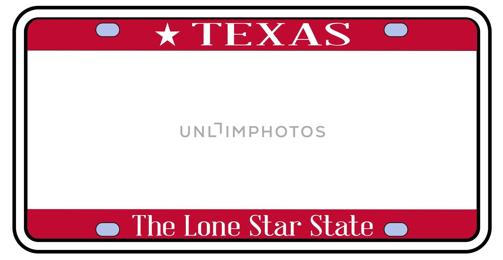 Blank Texas state license plate in the colors of the state flag with icons over a white background