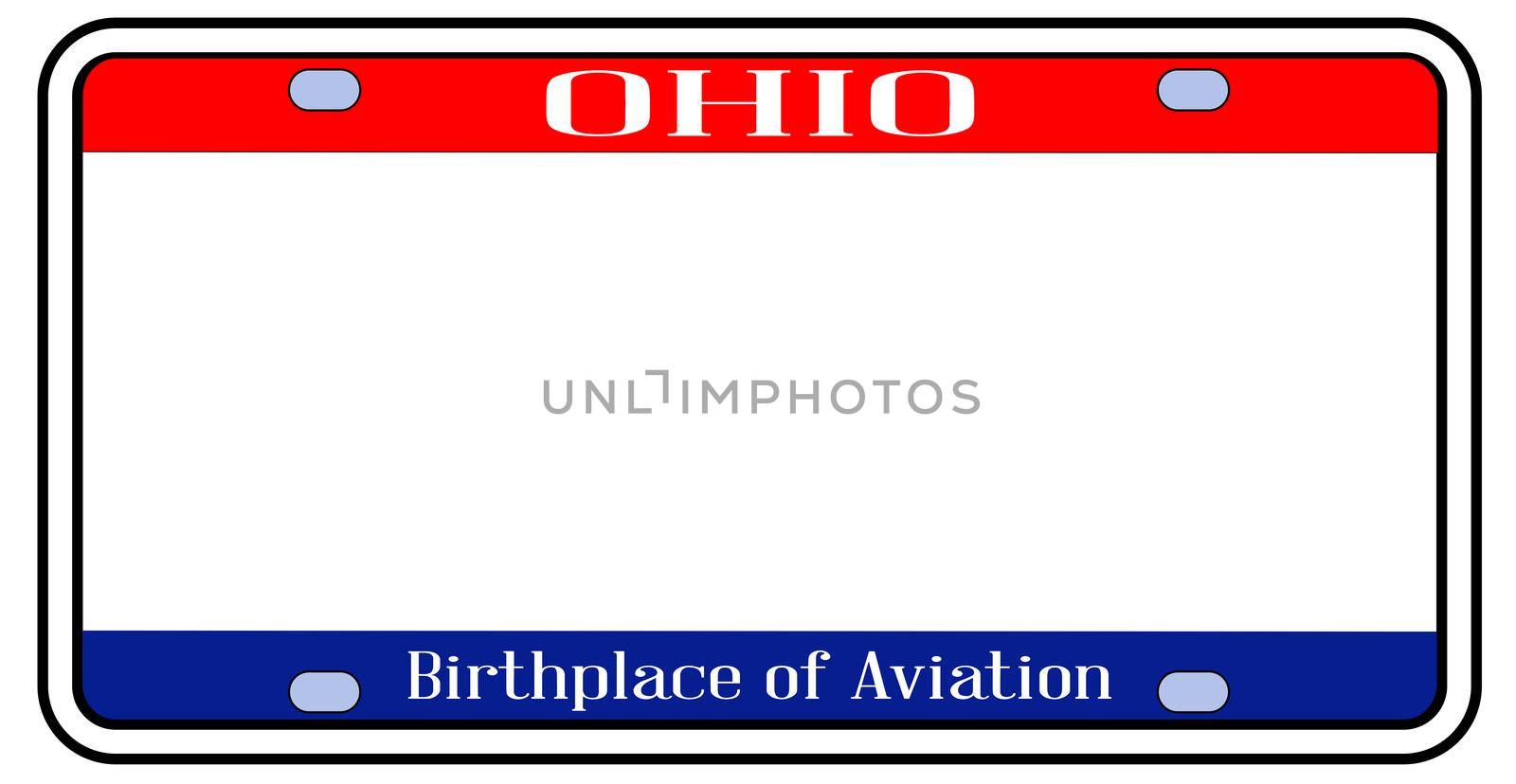 Ohio state license plate in the colors of the state flag with icons over a white background