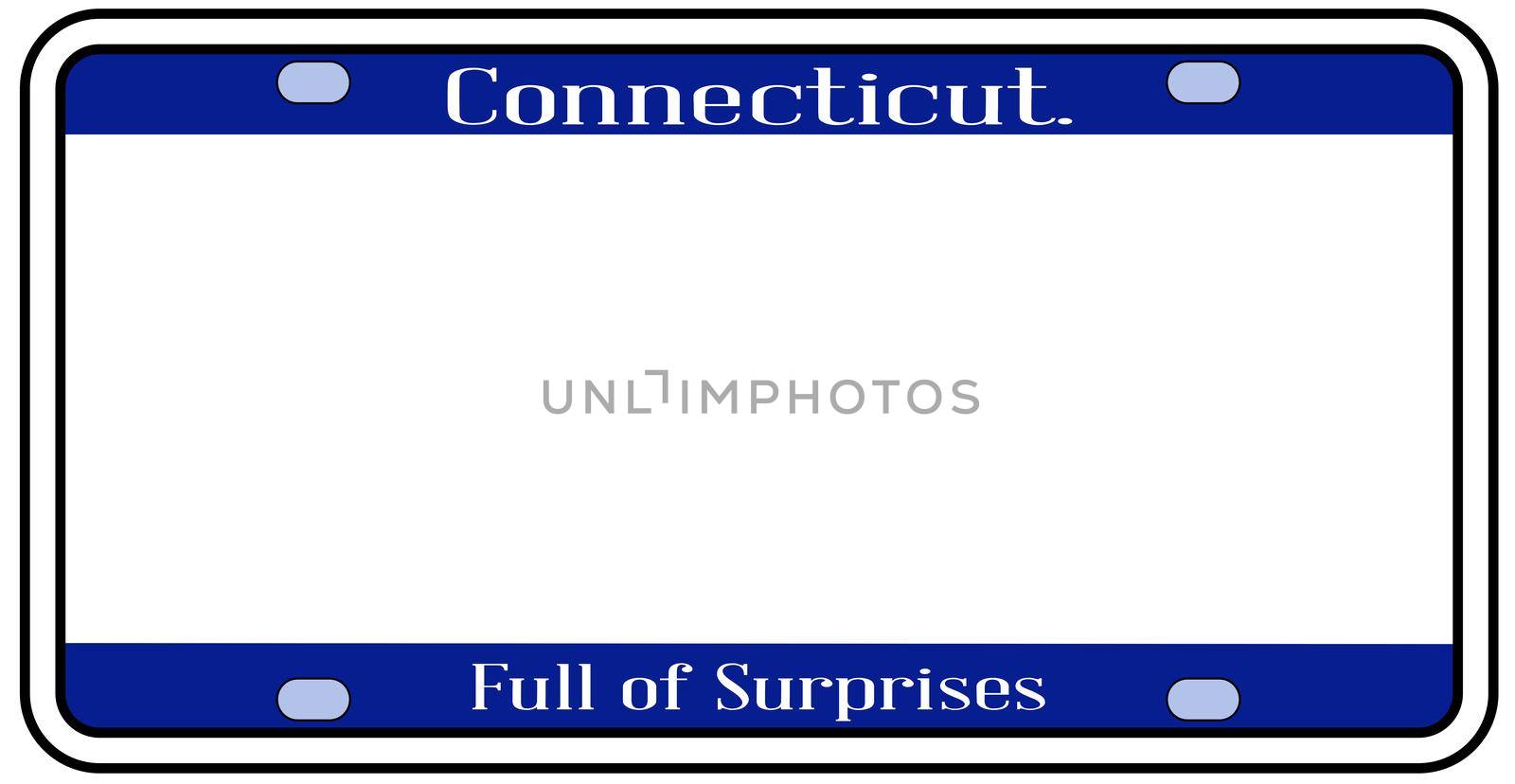 Connecticut state license plate in the colors of the state flag with icons over a white background