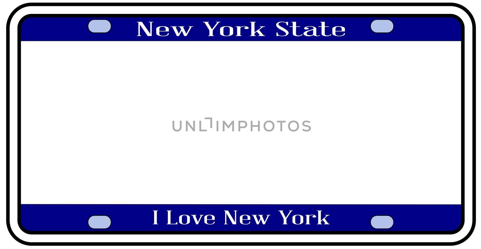 New York state license plate in the colors of the state flag over a white background