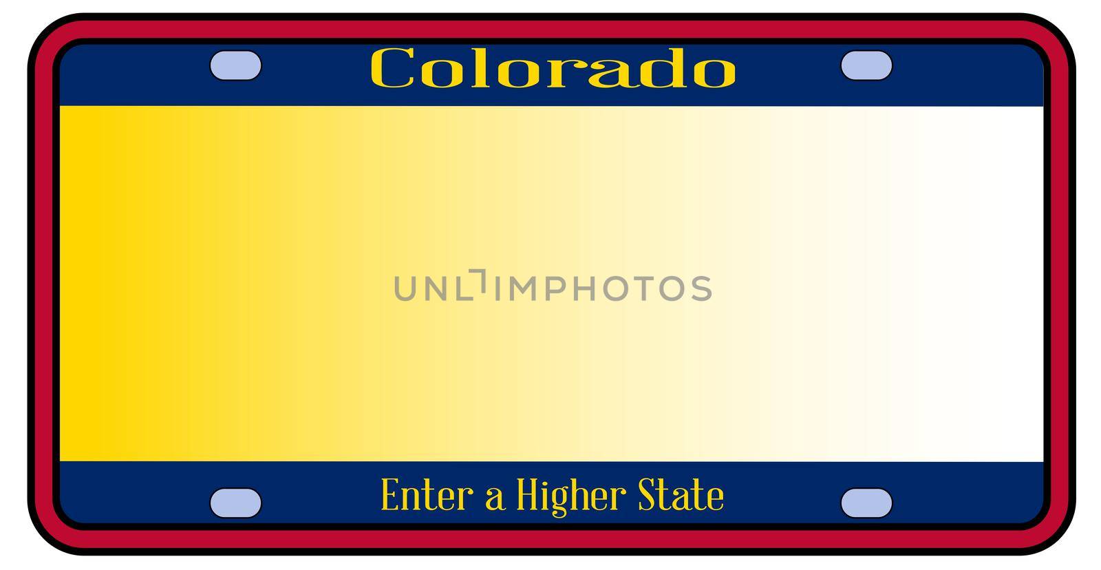 Blank Colorado state license plate in the colors of the state flag over a white background