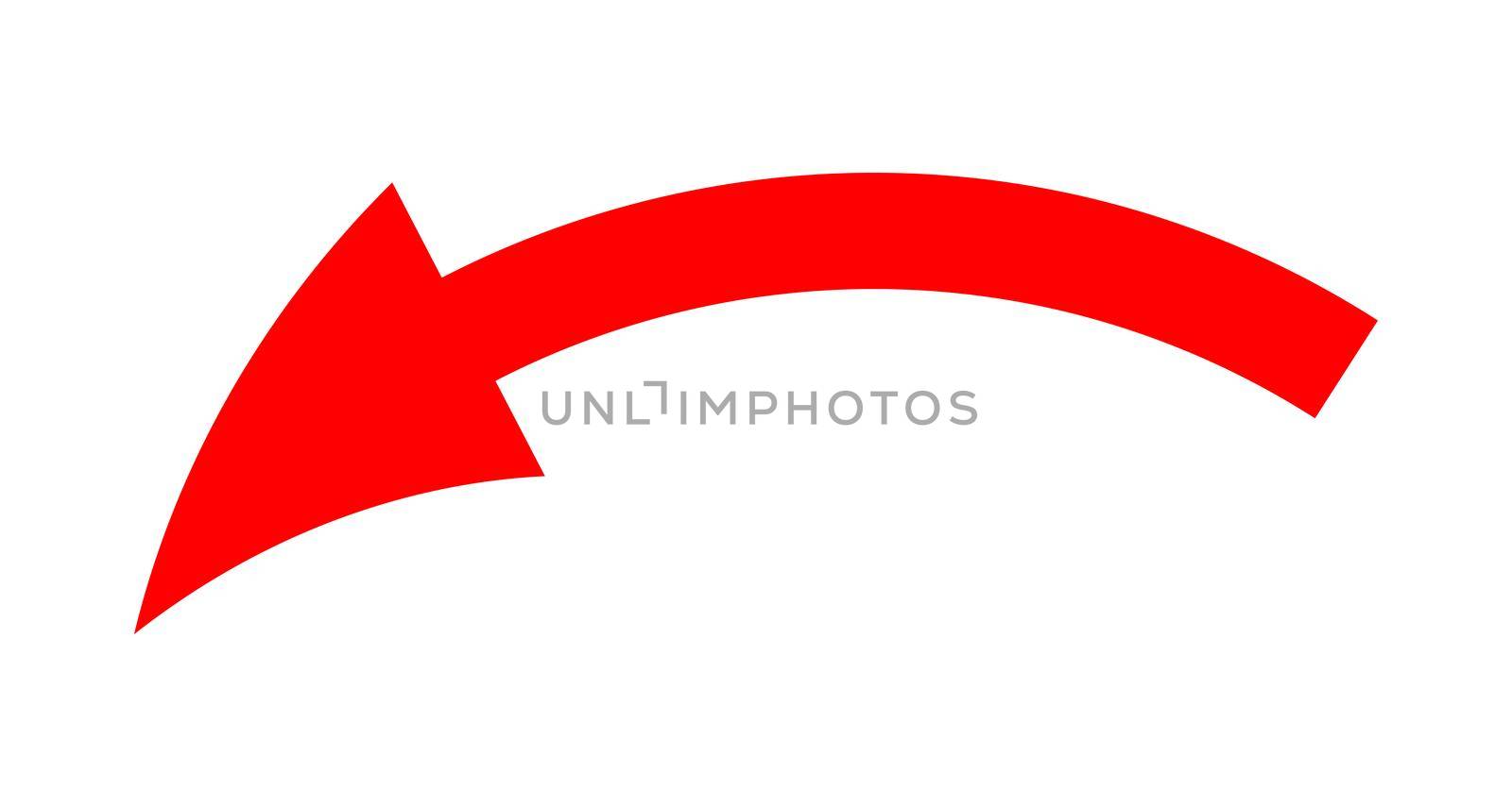Red curved downward directional arrow pointing left on a white background