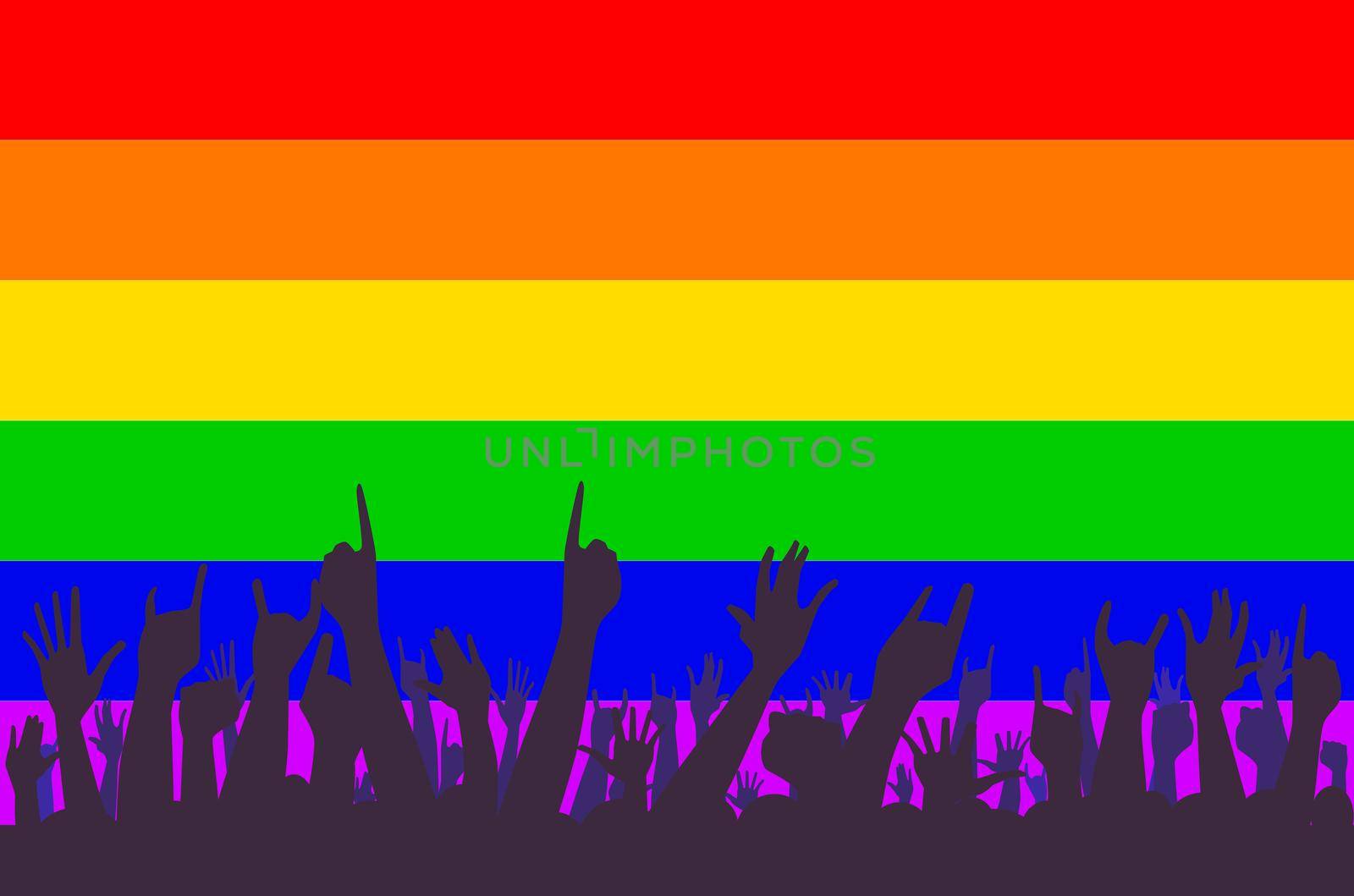 The LGBT Trangender flag in the traditional rainbow colors with waving hands in silhouette on the foreground