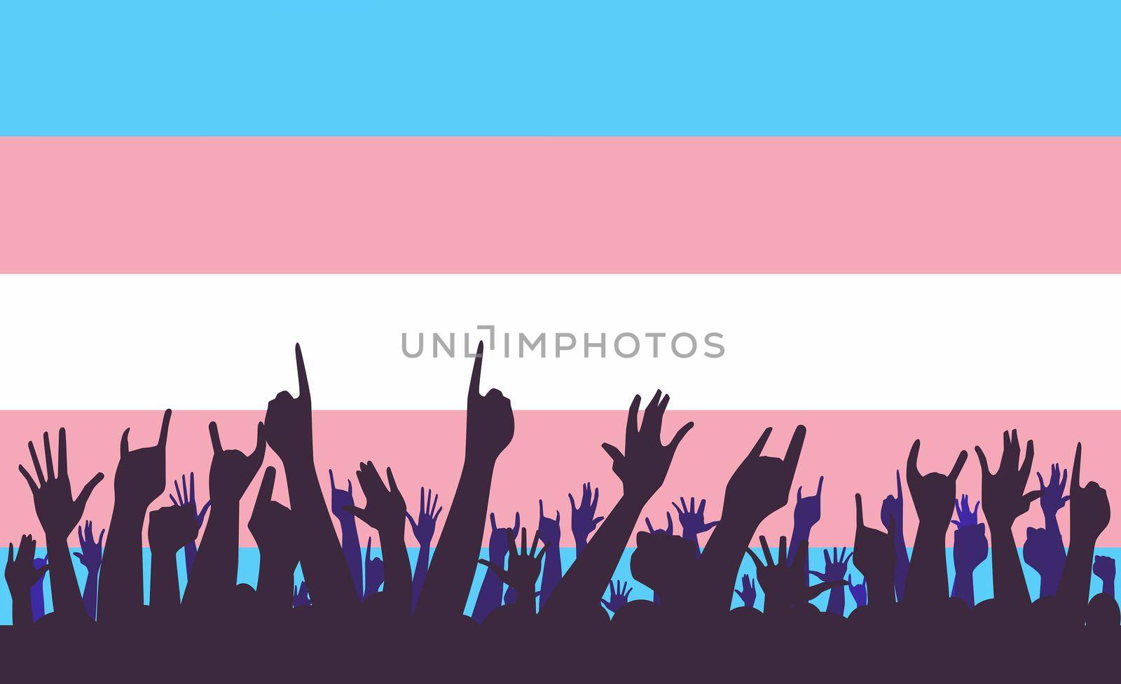 The transgender pride flag in pastel blue pink and white as a background with waving hands in silhouette