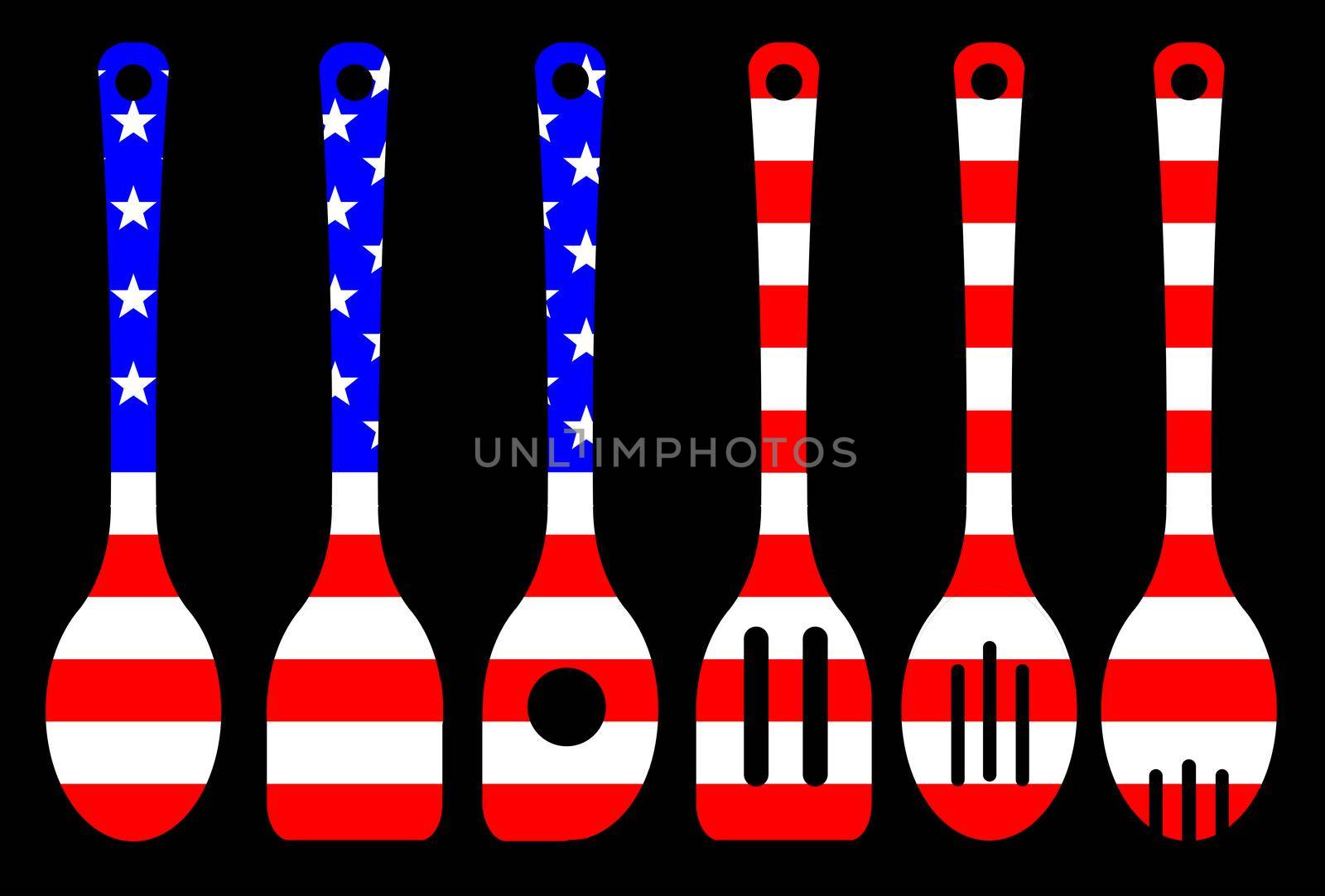 A collection of kitchen tool silhouette over a black background woth a backdrop of the Stars and Strupes USA flag