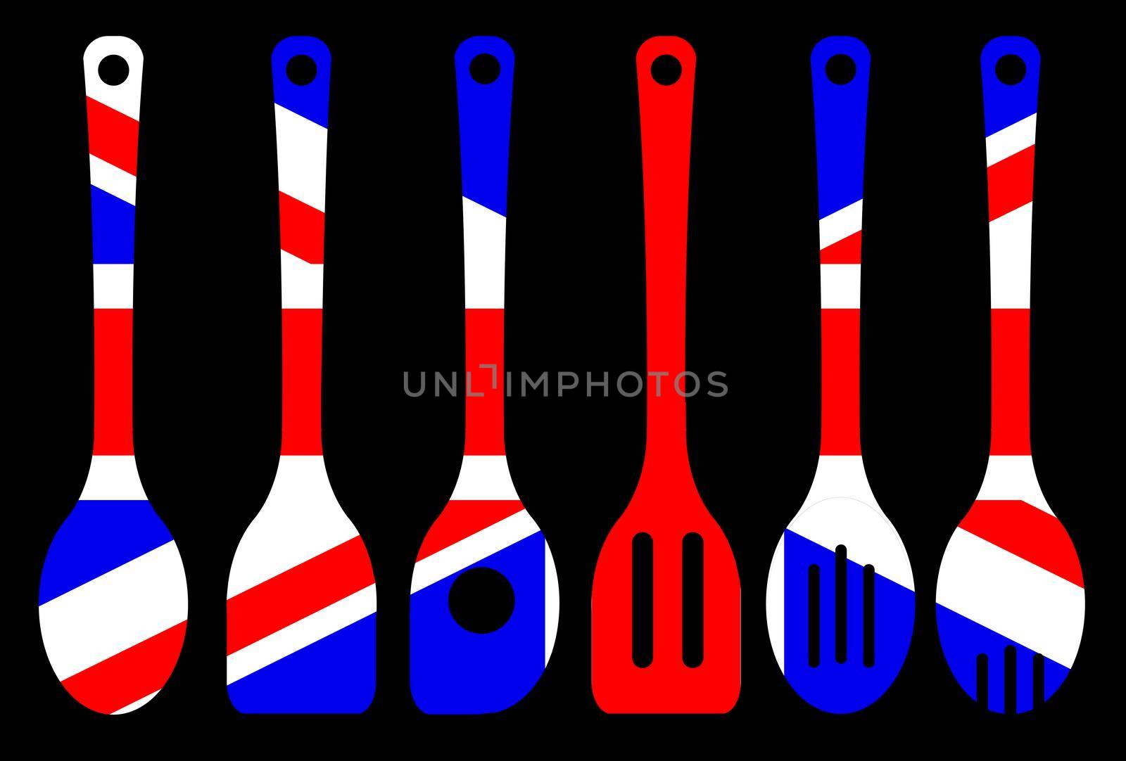 A collection of kitchen tool silhouette over a black background woth a backdrop of the British Union flag