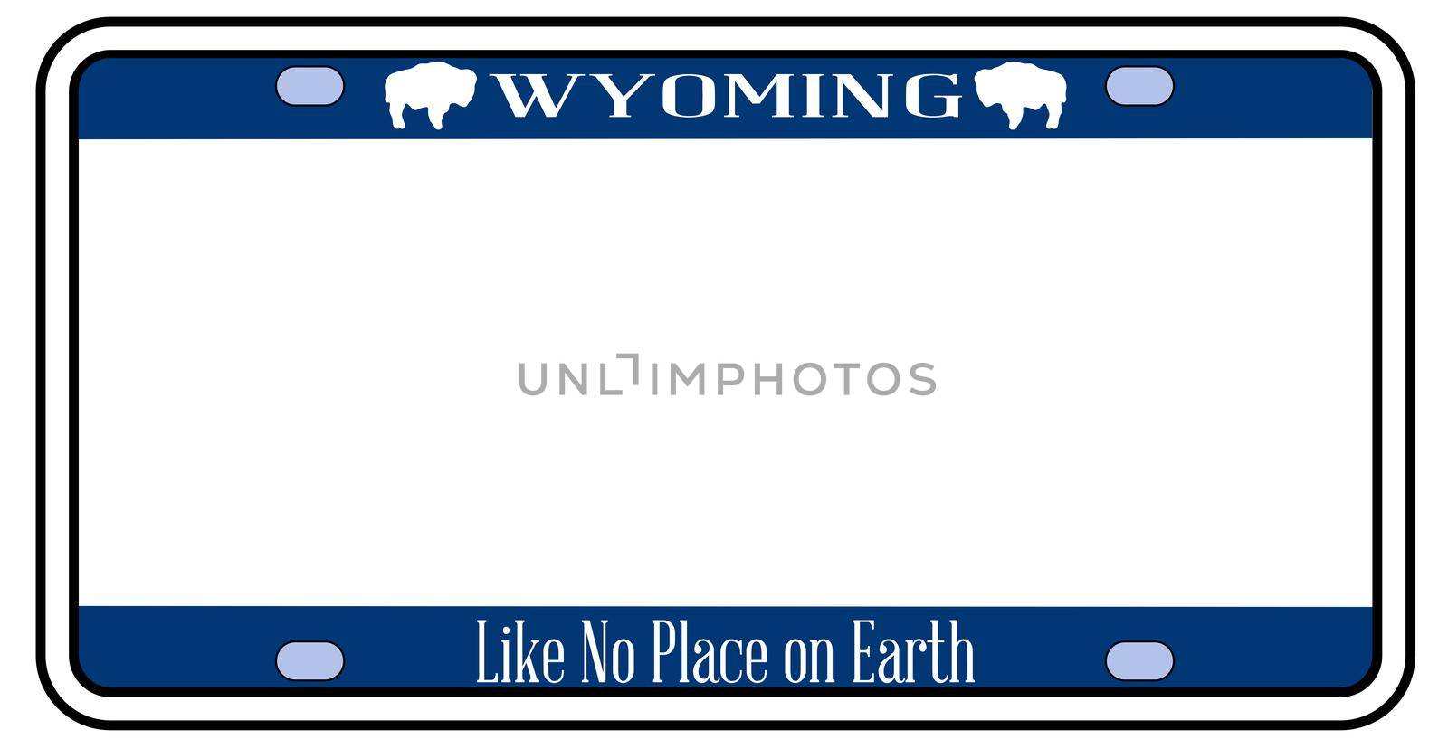 Blank Wyoming state license plate in the colors of the state flag over a white background