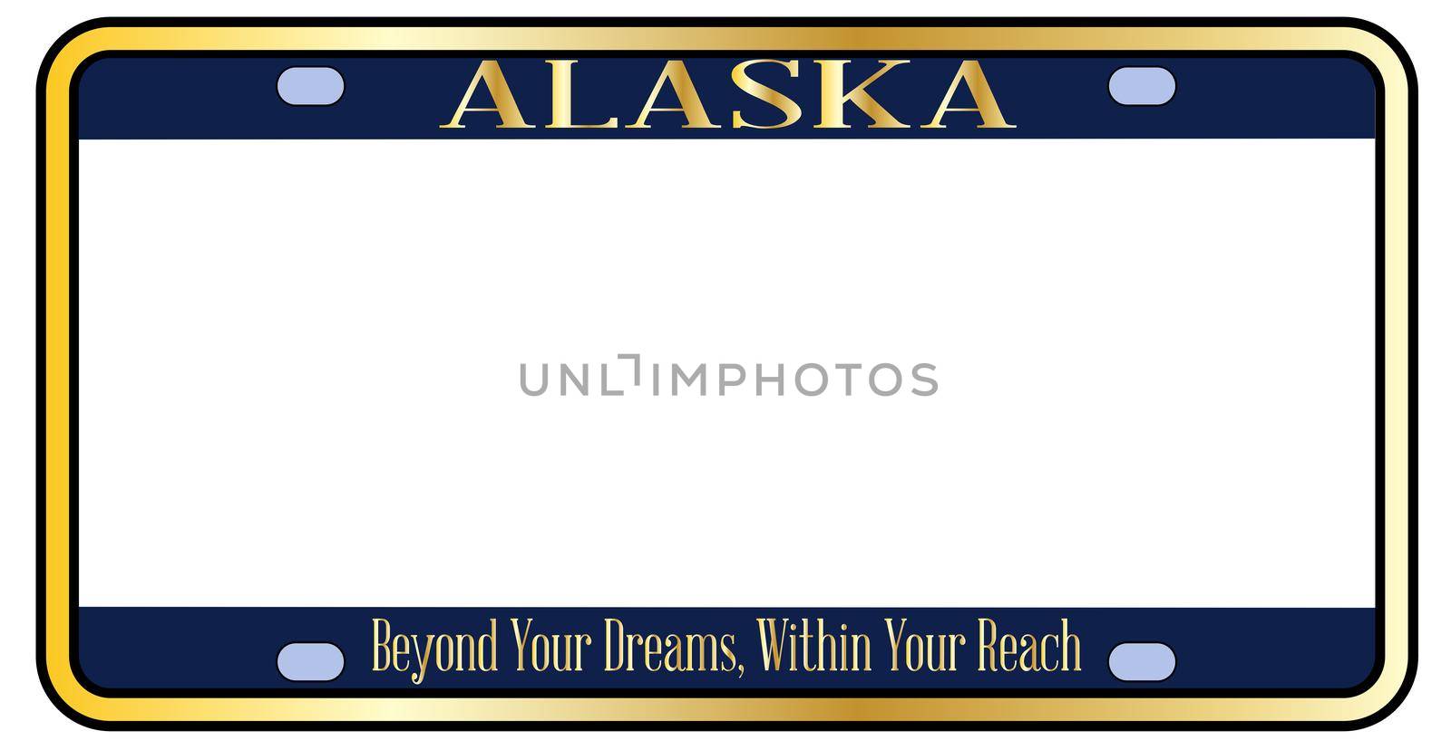 Blank Alaska state license plate in the colors of the state flag over a white background