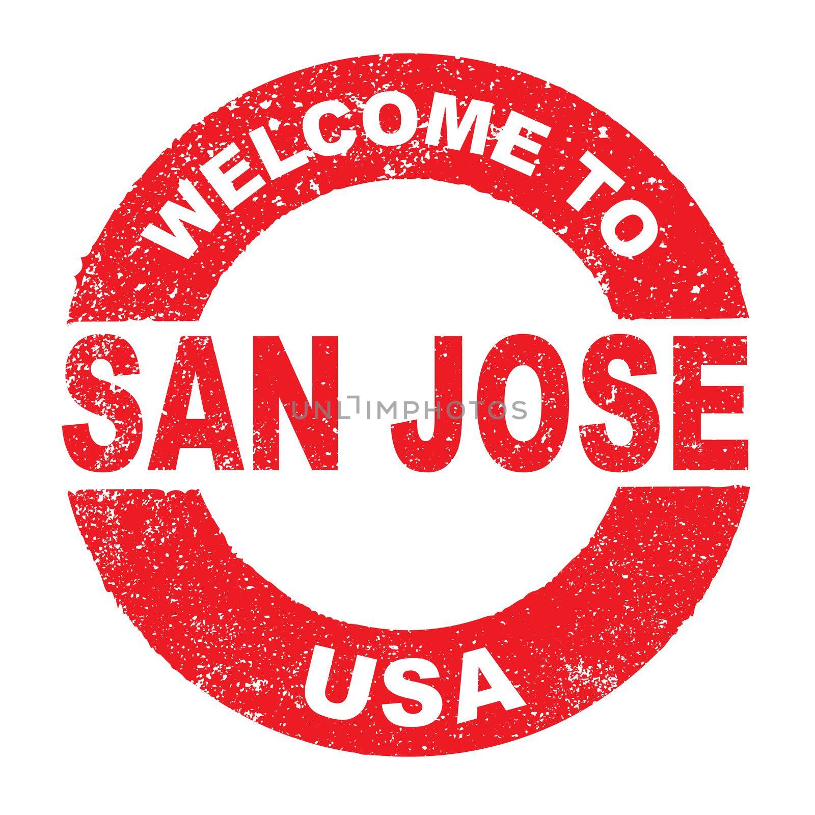 A grunge rubber ink stamp with the text Welcome To San Jose USA over a white background