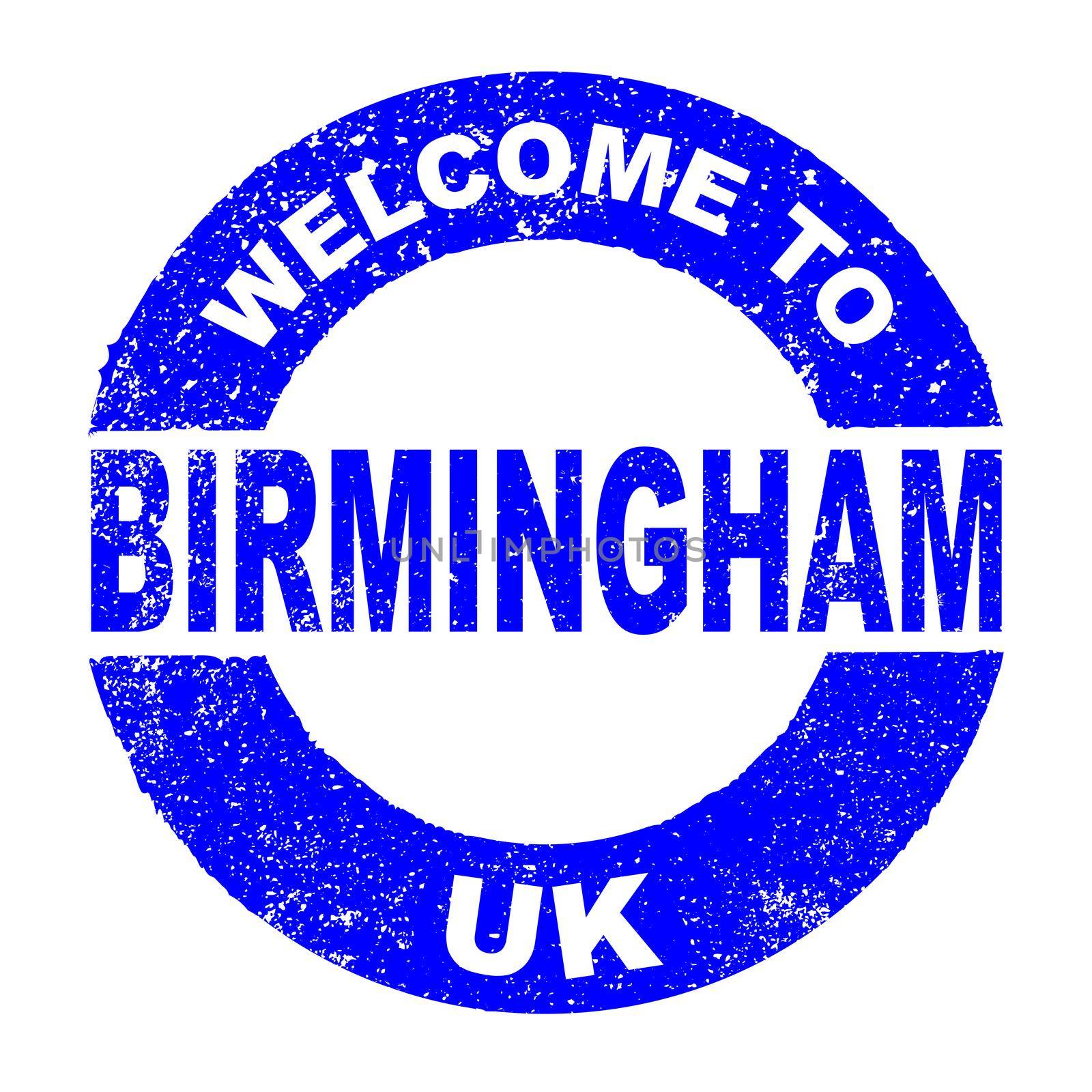 A grunge rubber ink stamp with the text Welcome To Birmingham UK over a white background
