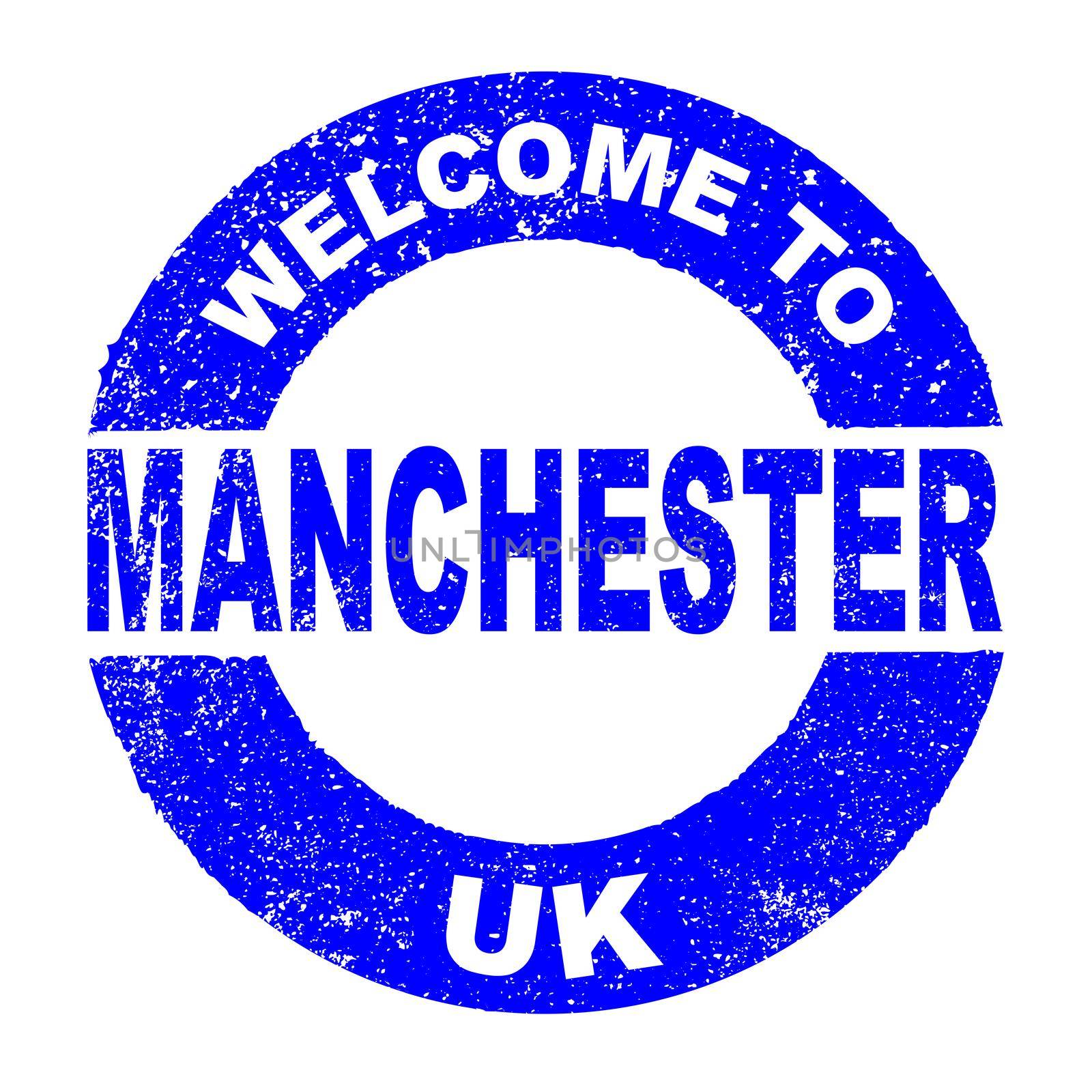 A grunge rubber ink stamp with the text Welcome To Manchester UK over a white background