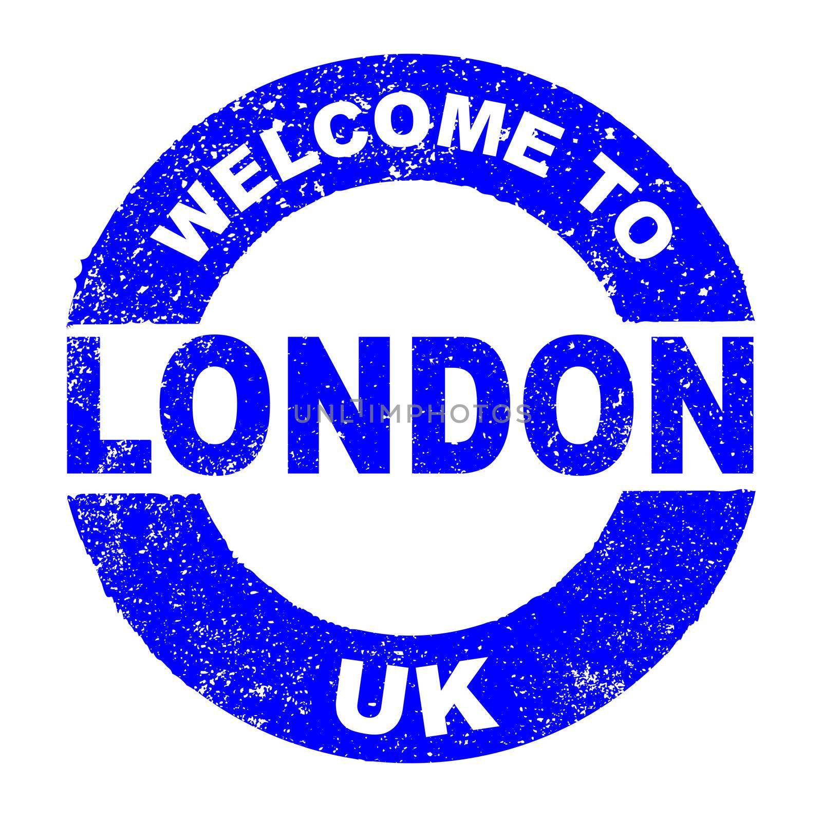 A grunge rubber ink stamp with the text Welcome To London UK over a white background