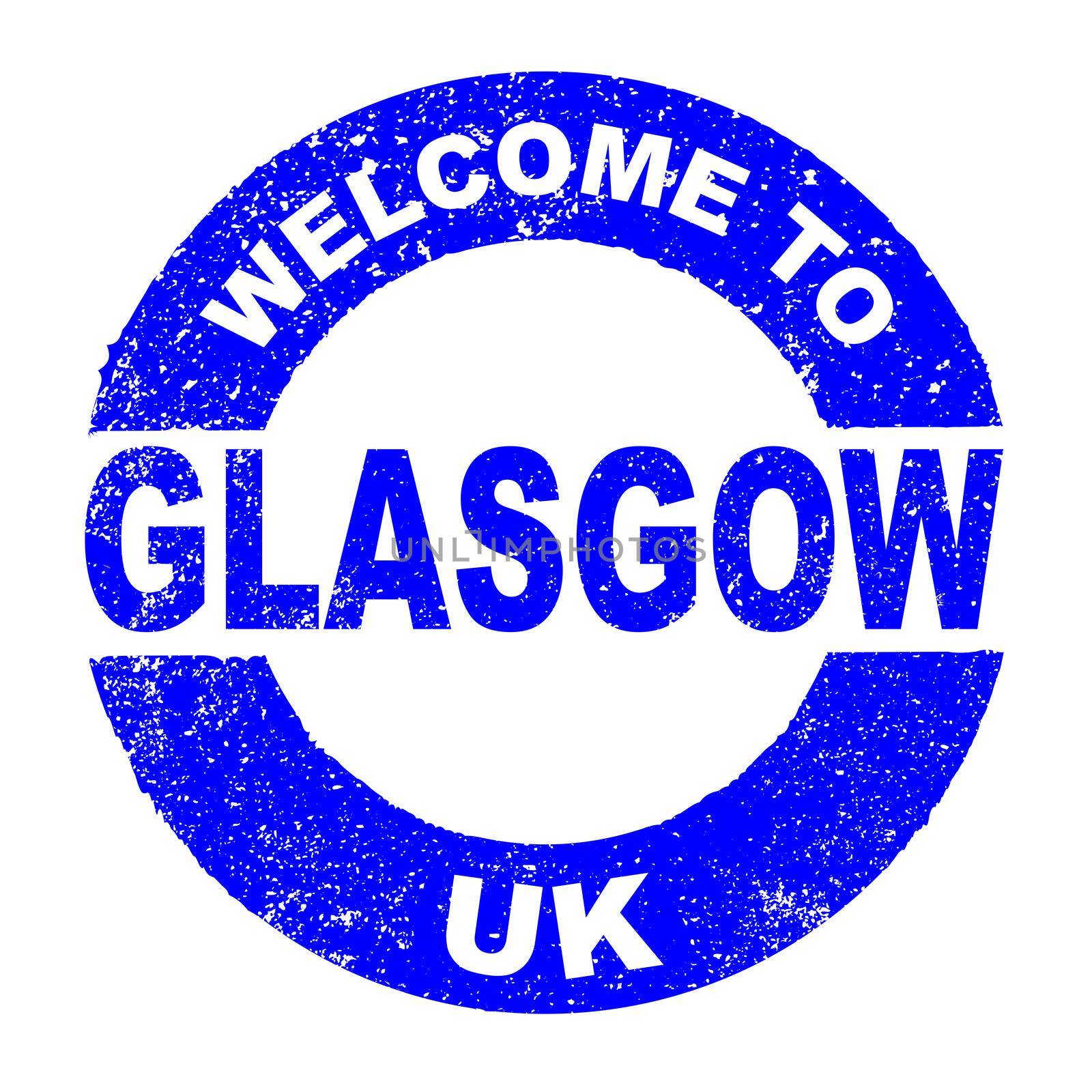 A grunge rubber ink stamp with the text Welcome To Glasgow UK over a white background