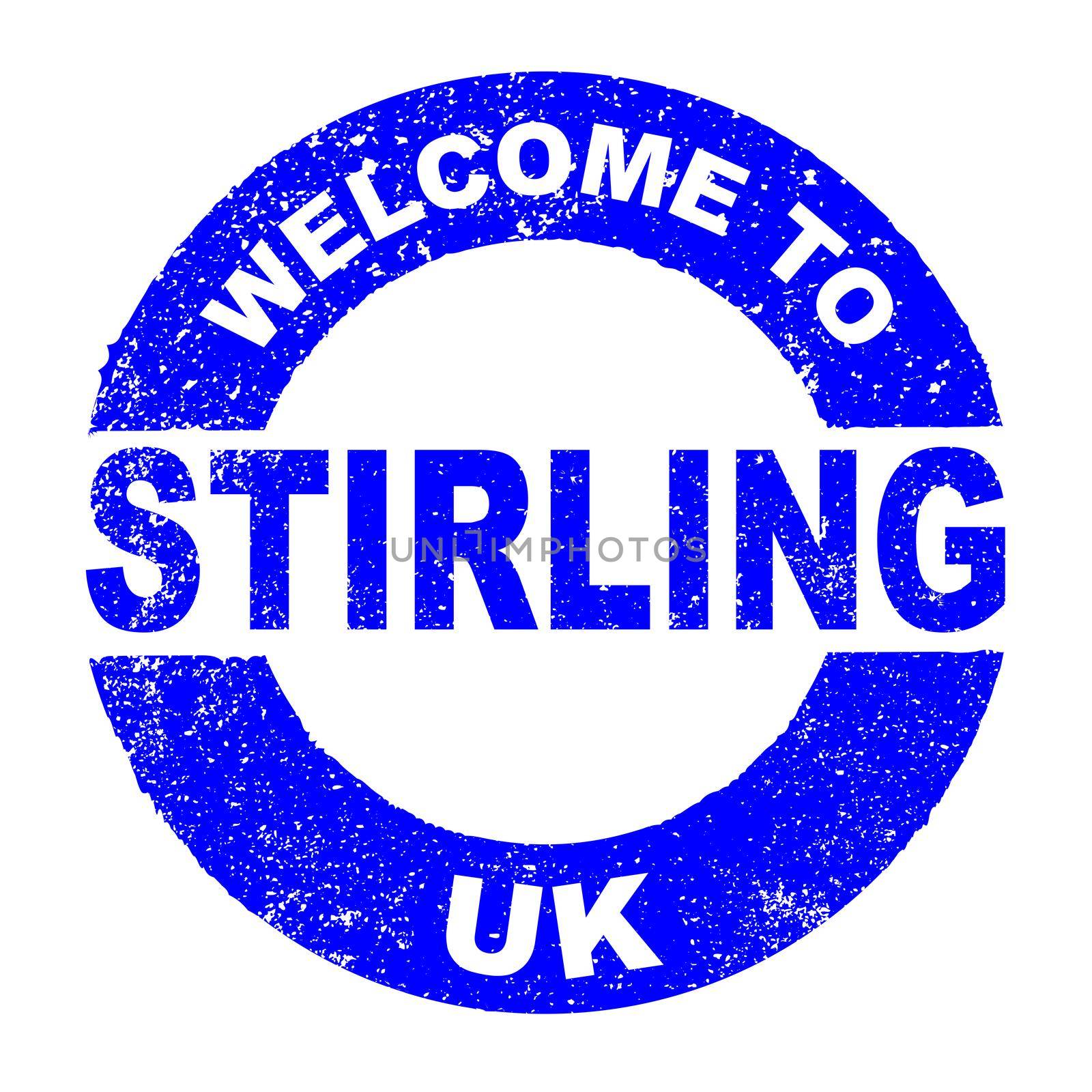 A grunge rubber ink stamp with the text Welcome To Stirling UK over a white background